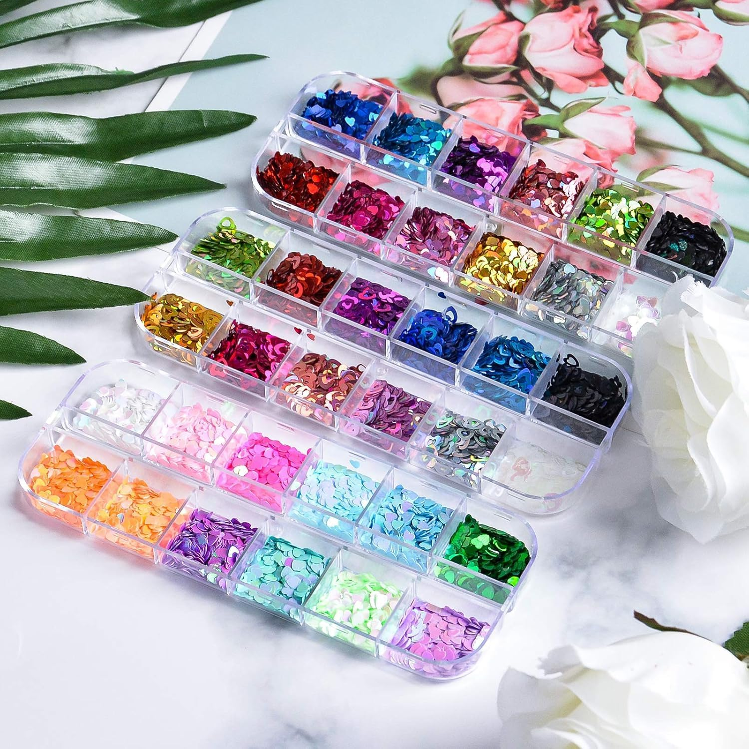 EBANKU Holographic Heart Shaped Nail Art Sequins, 36 Colors, DIY Craft & Makeup Effects