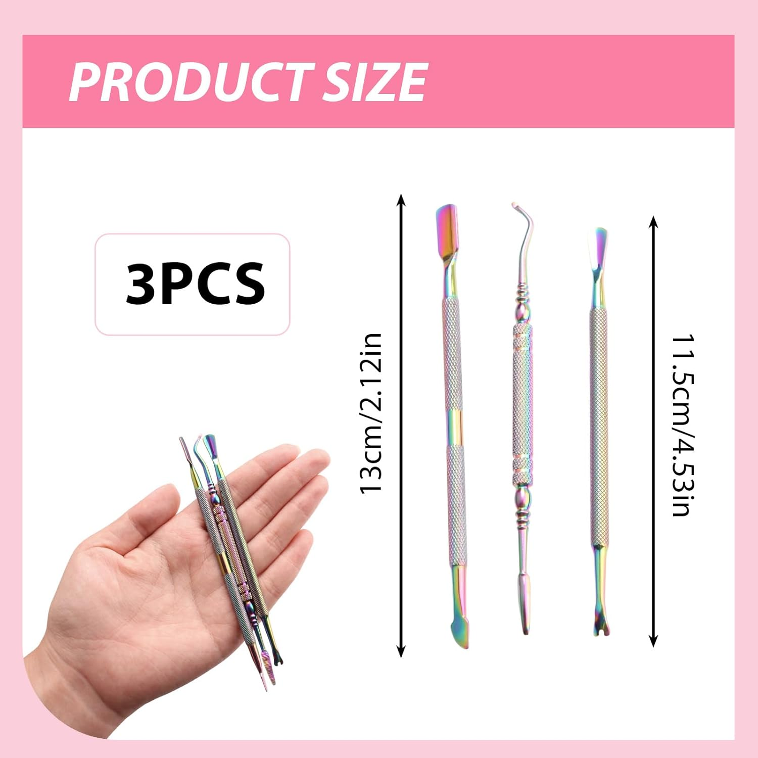 3 Pcs Cuticle Pusher, Cuticle Remover Cuticle Trimmer, Cuticle Tool Set, Double-Headed Stainless Steel Nail Pusher, Manicures & Pedicures - Nail Removal Tool (Rainbow) image number 6