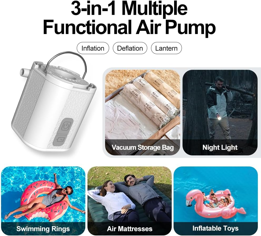 Neovanex Portable Air Pump with Camping Light, Ultra-Mini, USB Rechargeable, for Inflatables, Air Mattresses, Pool Floats, Sleeping Pads, Swimming Rings, Storage Bags