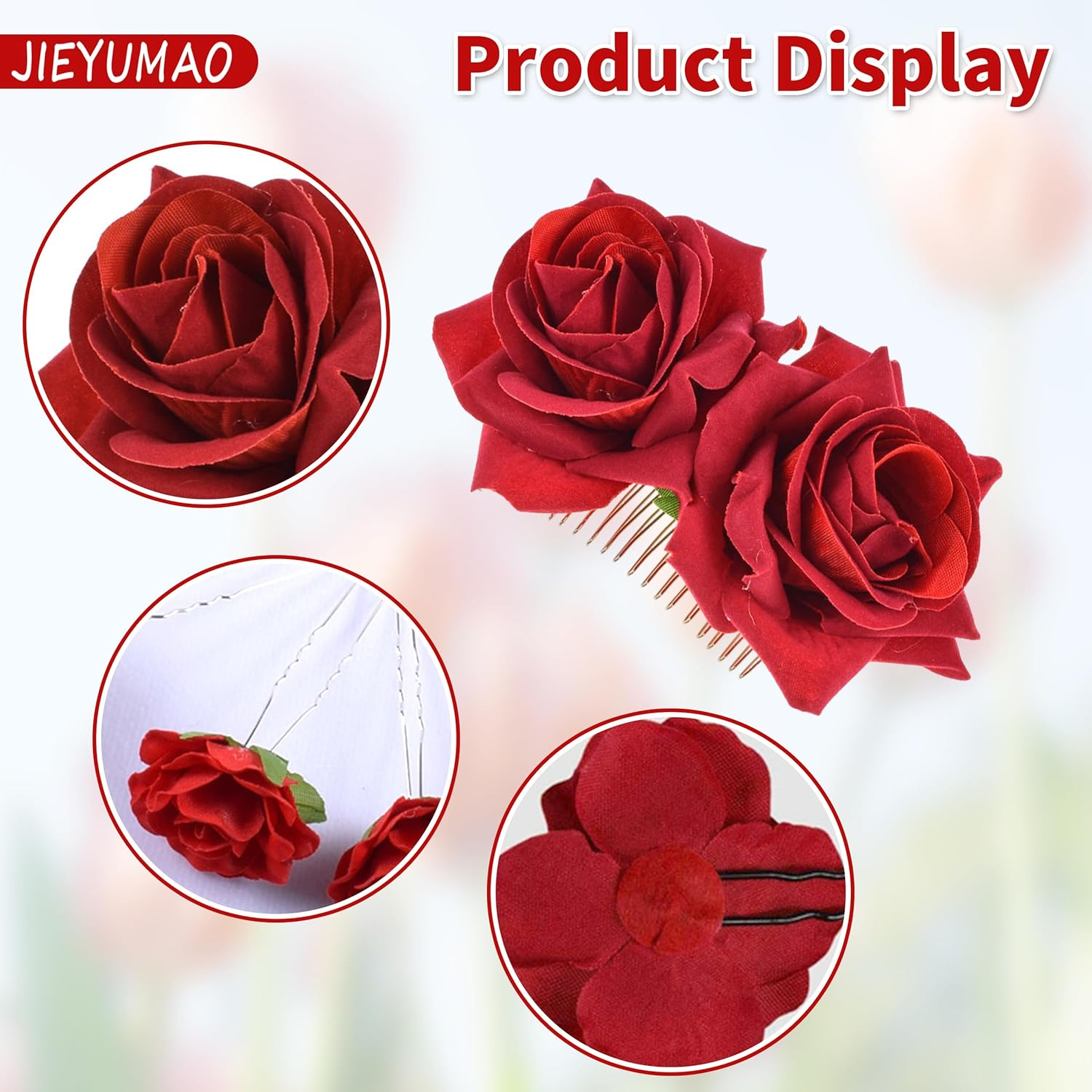 JIEYUMAO 7Pcs Rose Flower Hair Clips, Artifical Red Rose Hair Clip for Women, Elegant Rose Flower Hair Comb Rose Brooch Floral Clips Roses Flower Hair Barrette Hair Accessories for Wedding Party image number 5