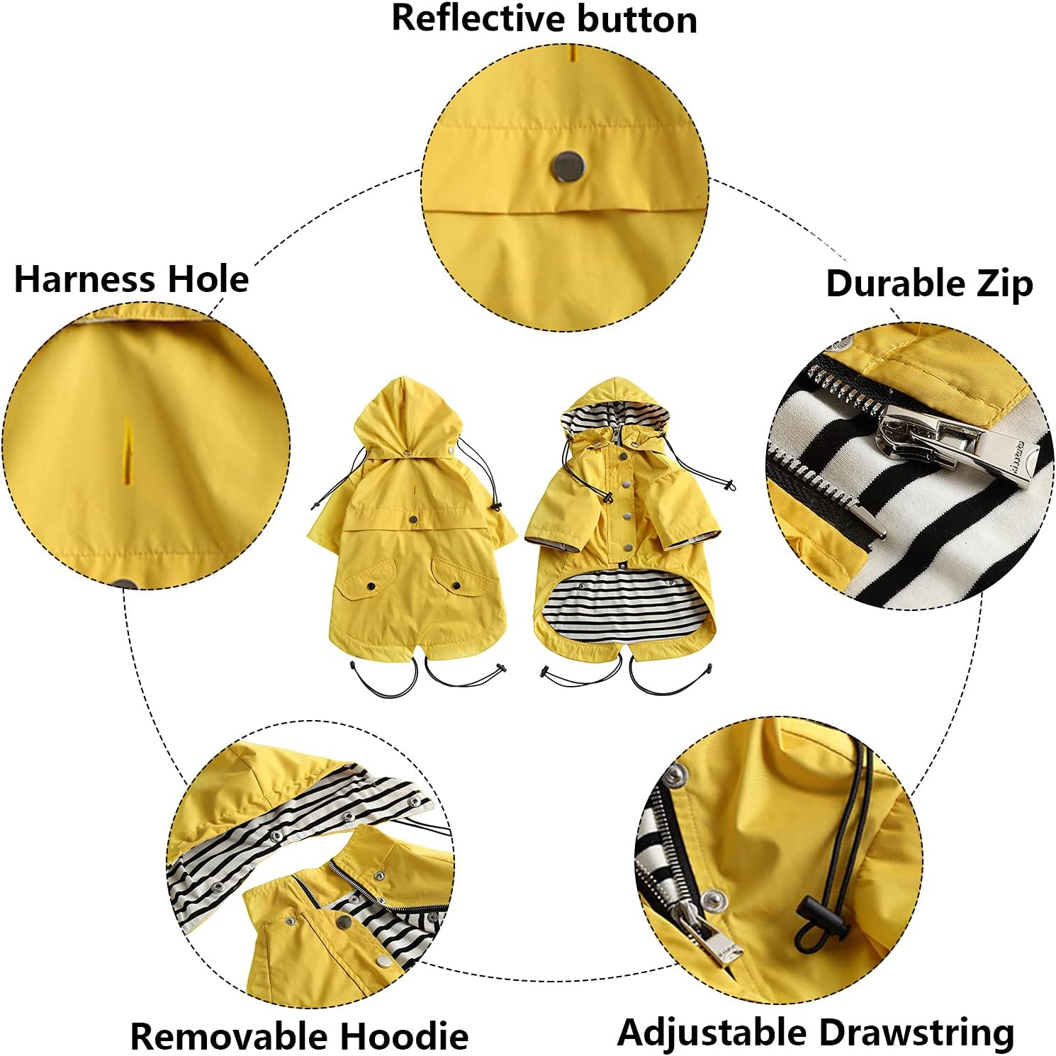 Morezi Dog Zip up Dog Raincoat with Reflective Buttons, Rain/Water Resistant, Adjustable Drawstring, Removable Hood, Stylish Premium Dog Raincoats - Size XS to XXL Available - Yellow - S image number 5