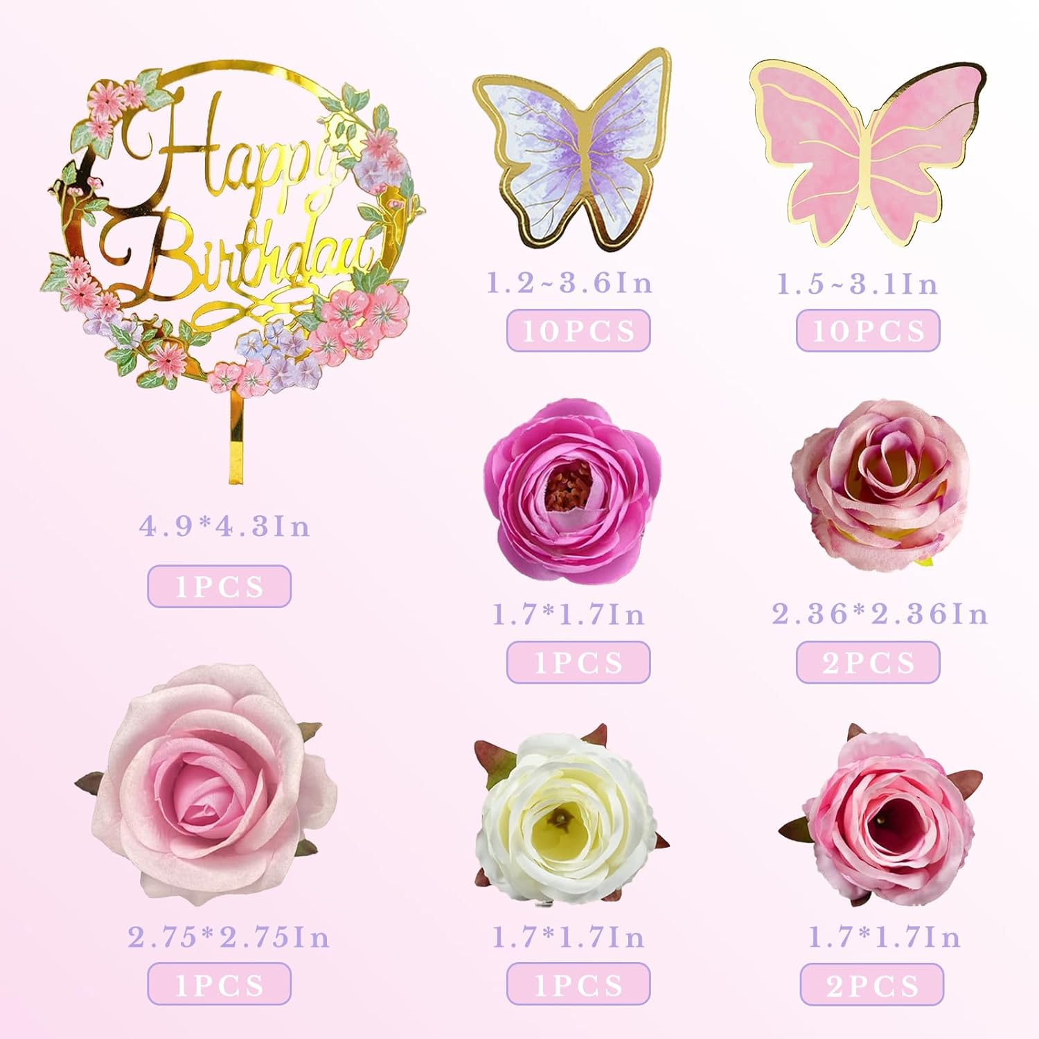 28 Pcs Butterfly Cake Topper Butterfly Cake Decorations with Artificial Flowers for Women Girls Birthday Anniversary Party Supplies