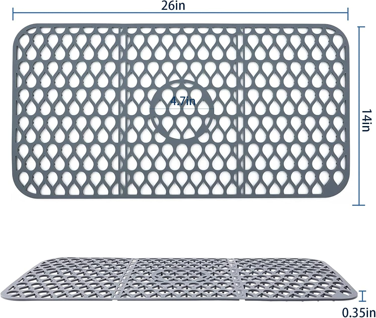 Foldable Non-Slip Sink Mat, Silicone Sink Protectors for Kitchen Sink, Sink Mat Grid for Bottom of Farmhouse Stainless Steel Porcelain Sink for Center Drain (26''X 13.8'')-Grey image number 2