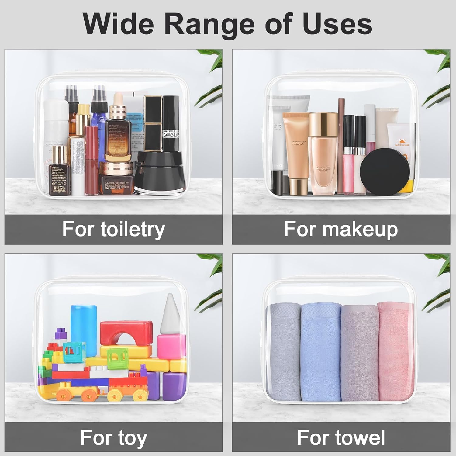 Shuoteng Clear Quart Size Portable Makeup Bags, 3Pcs Clear PVC Zipped Toiletry Pouches, White PVC Quart Size Cosmetic Makeup Bags with Zipper image number 5