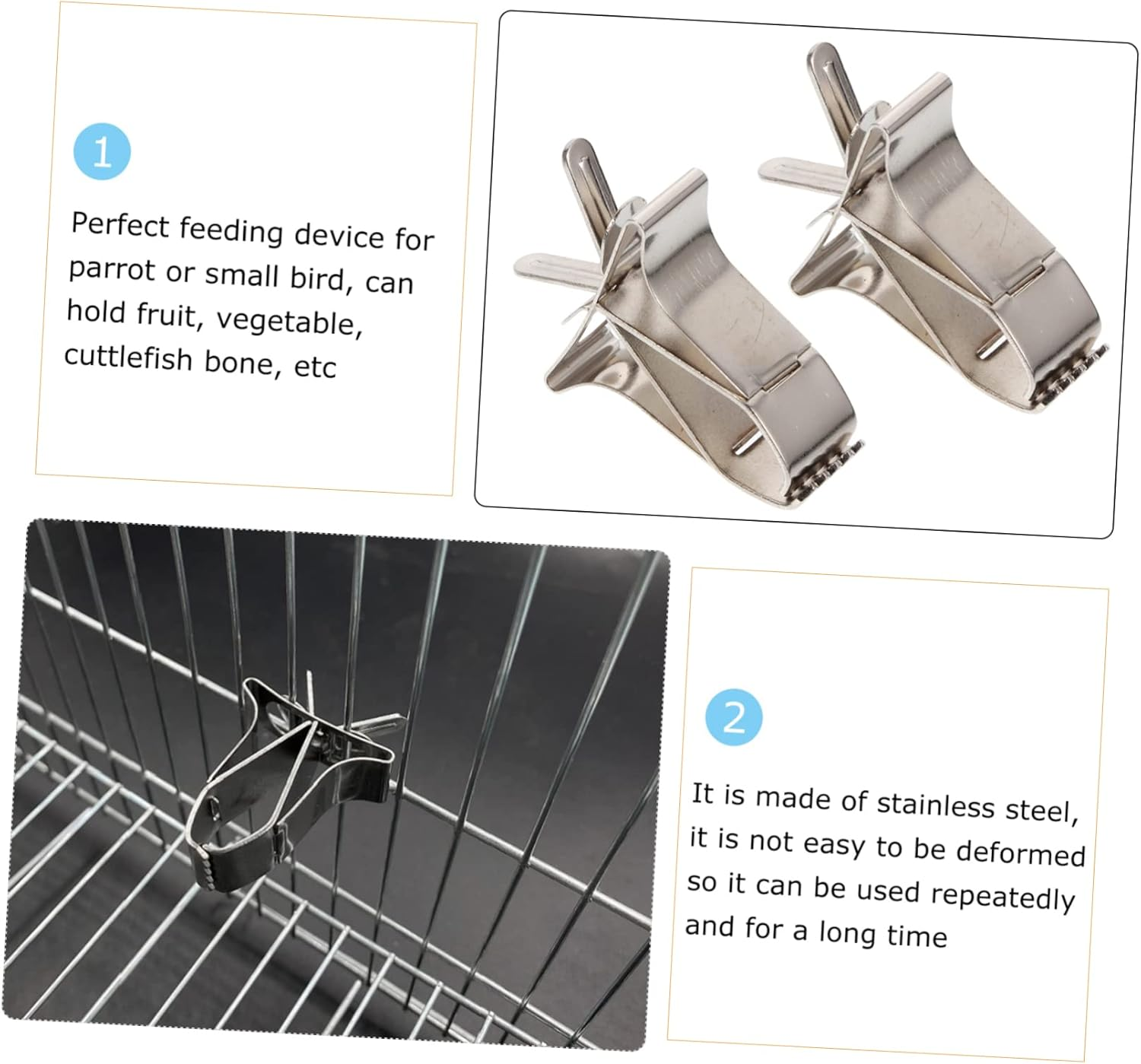 TEHAUX Bird Cage Food Feeding Clamp Parrot Feeding Clamp 2Pcs Metal Bird Food Clips Easy Install Non-Slip Durable Material image number 4
