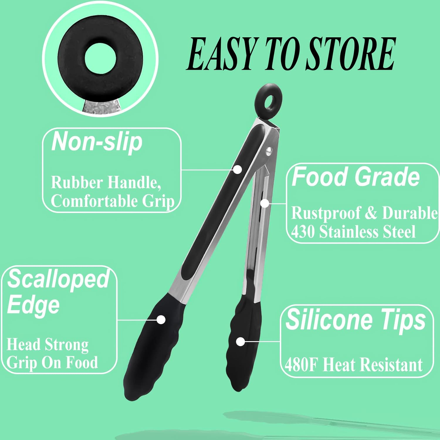 HST Tongs for Cooking with Silicone Tips(3 Pack), Non Stick Kitchen Tongs with Silicone Tip for Cooking BBQ Baking (9", Black) image number 2