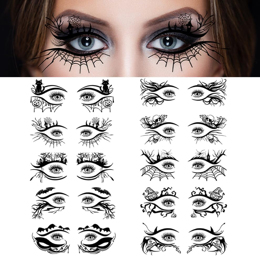 Halloween Eye Shadow Temporary Tattoos Eyeliner Tattoo Stickers Spider Web Bat Pattern Eyeliner Fake Tattoos for Women Men Face Eye Makeup Halloween Decals Party Supplies (Style A-10Pcs, One Size)