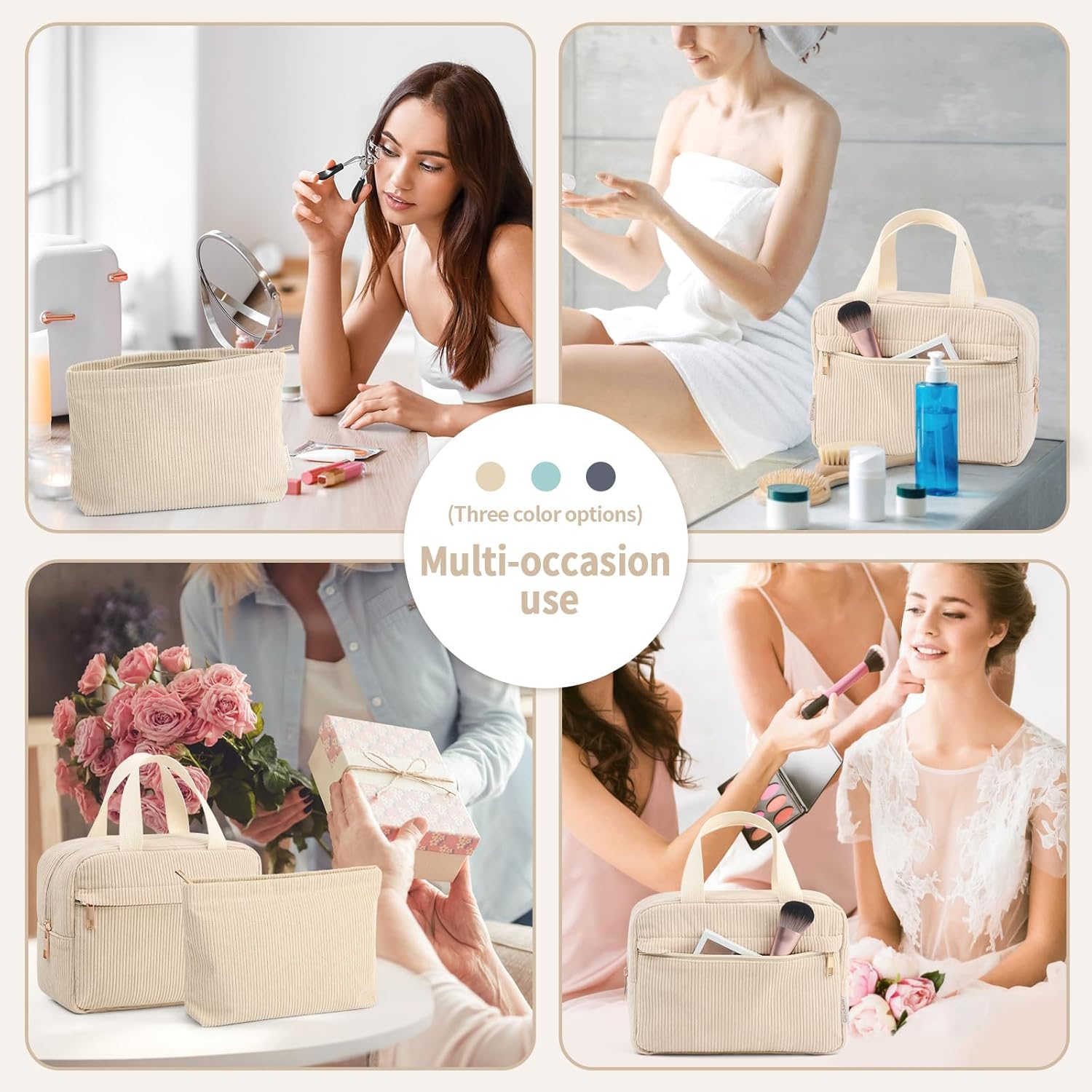 Large Capacity Travel Cosmetic Bag, Makeup Bag Corduroy Portable Large Cosmetics Bag with Handle Travel Cosmetic Bags for Women Girls(Beige) image number 1