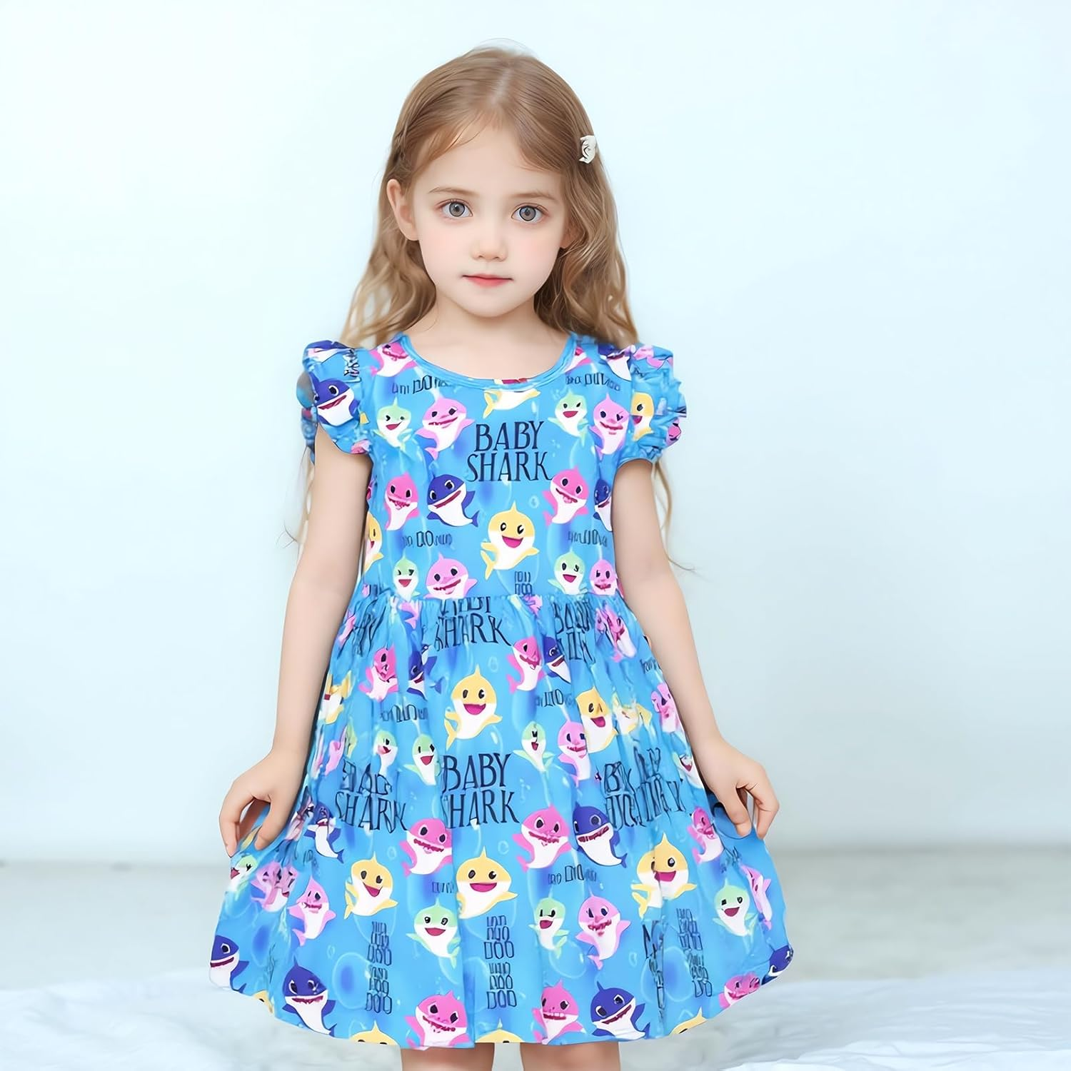 Tangduo Baby Shark Girls Summer Dress Sleeveless Blue Clothing Milk Silk Dress Shark Toddler Girls 1-7Years image number 4