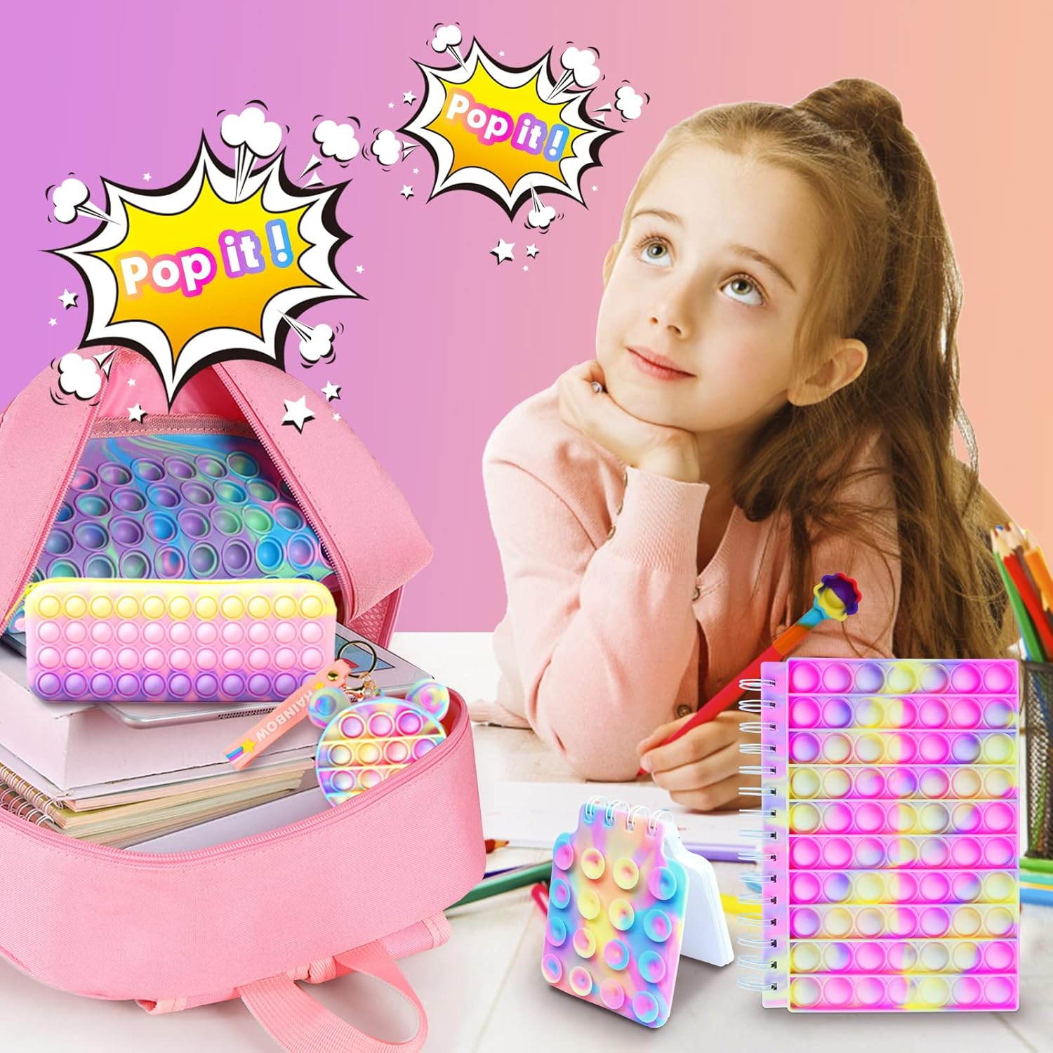 Large Pop Fidget Backpack for Girls, Pop It Bags&Pop It Notebook and Pencil Case for Kids' Fidget School Supplies for Elementary Student Stress Relief, Great Birthday Present Gift for Kids, Pink image number 2