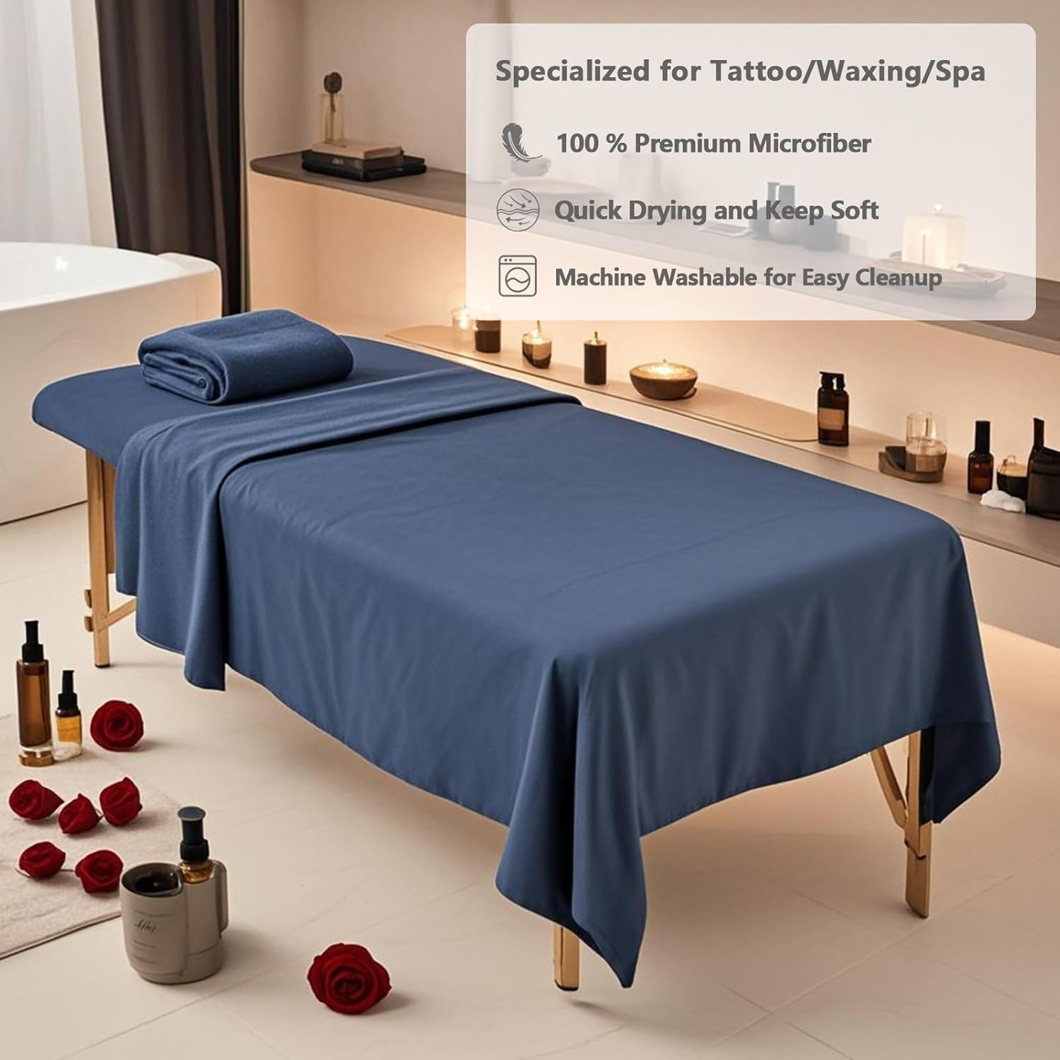 KAKU HOME 4 Sets Extra Thick Massage Table Sheets Sets Soft Premium Microfiber 3 Piece Set Massage Sheet Set for Salon Spa Bed Include Fitted Covers Flat Sheets Face Cradle Cover - Blue image number 2