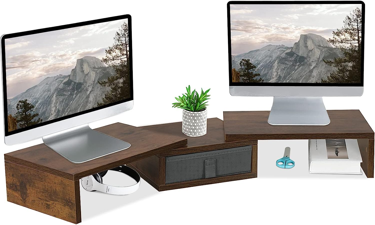 TEAMIX White Dual Monitor Stand Riser with Drawer - Length and Angle Adjustable Double Monitor Riser Corner Desk Shelf Organizer 37 Inch Long Monitor Riser for 2 Monitors/Laptop/Pc/Screen/Tv