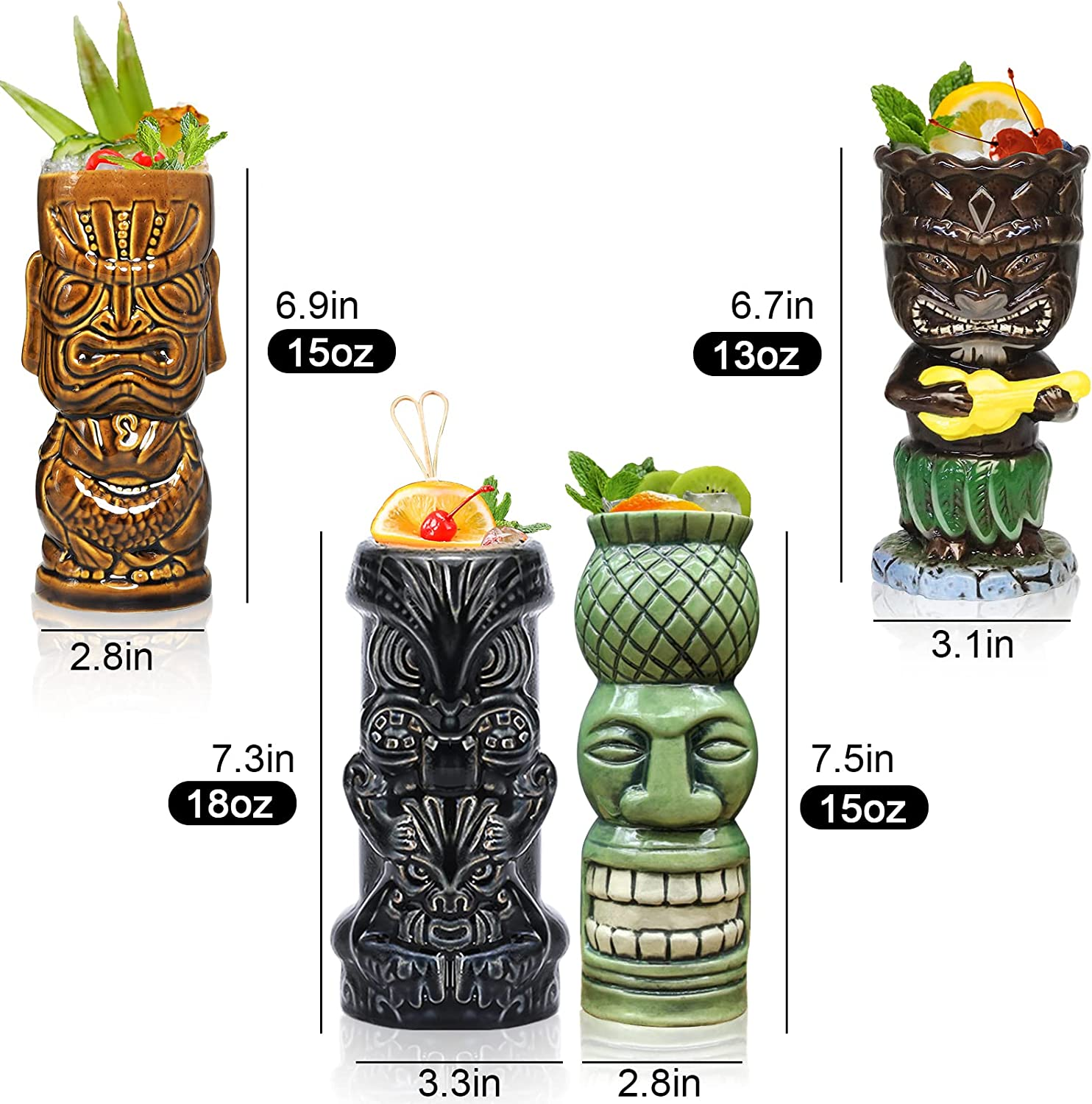 Tiki Glasses for Cocktails Tiki Mugs Set of 4 Ceramic Party Cups Bar Decor Creative Large Hawaiian Drinking Decorations Vintage Tropical Drinkware Barware 4 Packs image number 1