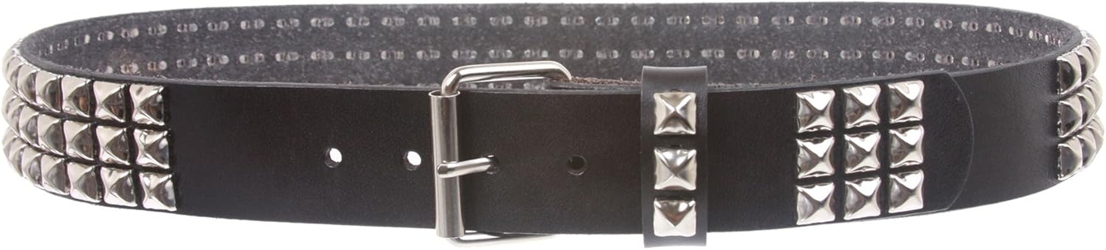 Snap on Three Row Punk Rock Star Metal Silver Studded Full Grain Cowhide Leather Belt image number 3