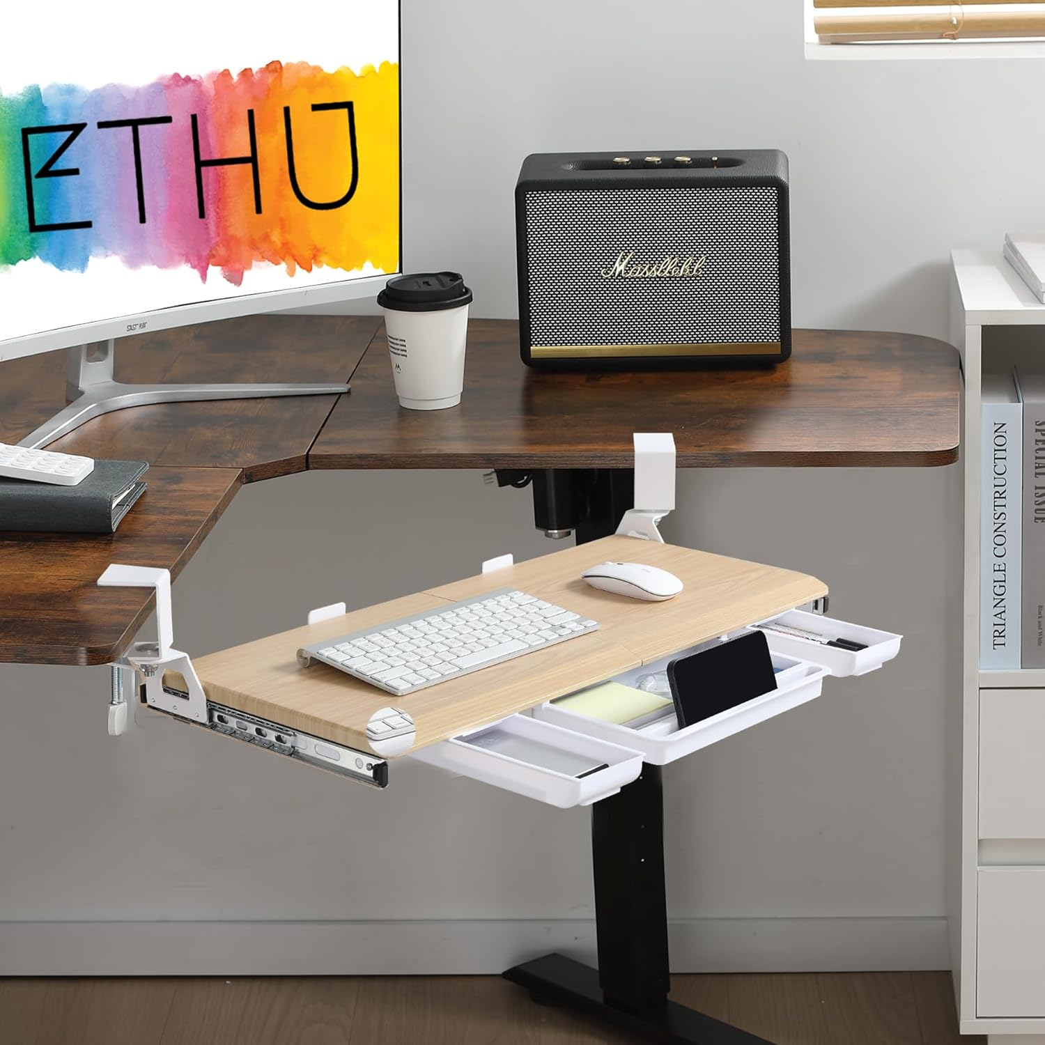 ETHU Keyboard Tray under Desk, Ergonomic Corner Keyboard Tray with 180&deg; Adjustable C Clamp for L Shape Desk 26.77" X 12.2" Easy to Install, Computer Keyboard Stand for Home and Office(Oak)