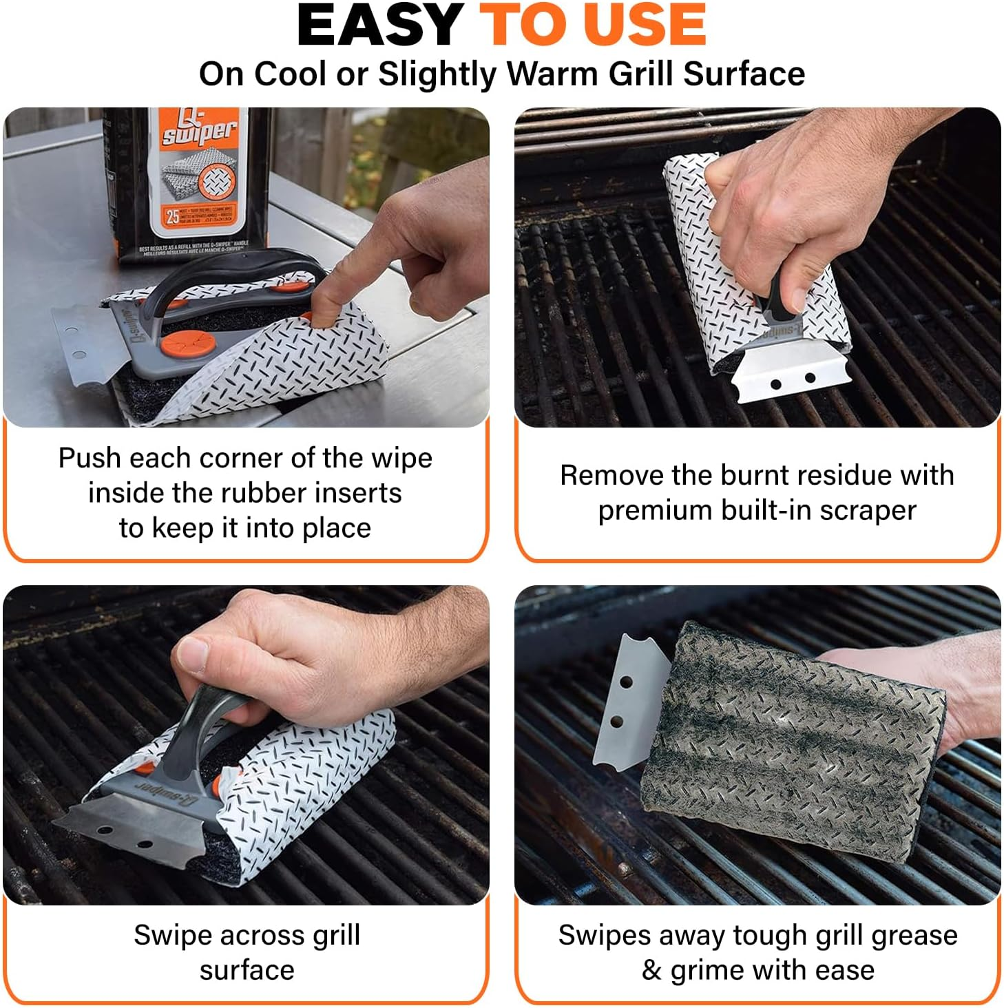 Q-Swiper BBQ Grill Cleaner Set - 1 BBQ Brush with Scraper and 25 BBQ Grill Cleaning Wipes. Bristle Free & Wire Free. Safe Way to Remove Grease and Grime for a Clean and Healthy Grill! image number 6