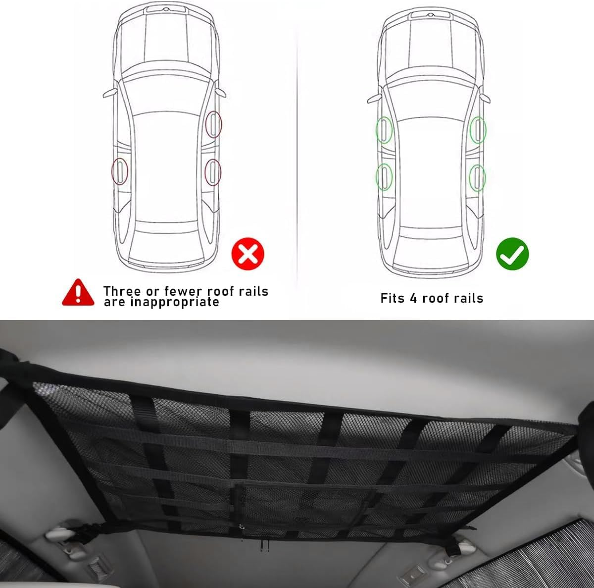 Car Ceiling Cargo Net Pocket, 78Cm&times;53Cm Strengthen Load-Bearing and Droop Less Mesh Organizer, Double-Layer Adjustable Buckle Roof Cargo Net for Long Travel Road Trip image number 1