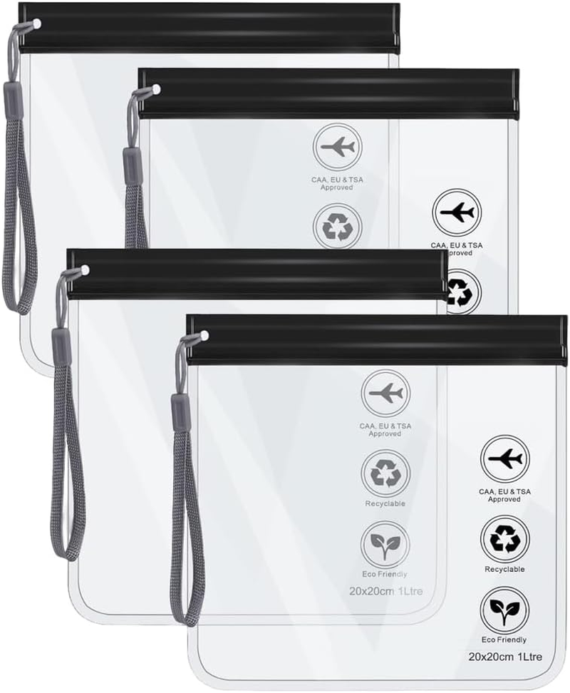 4 Pcs Clear Travel Toiletry Bag - Airport Security Liquids Bags, 20 X 20Cm TSA Approved, Travel Accessories Makeup Bags Holiday Essentials Luggage for Men Women, Black, Traval