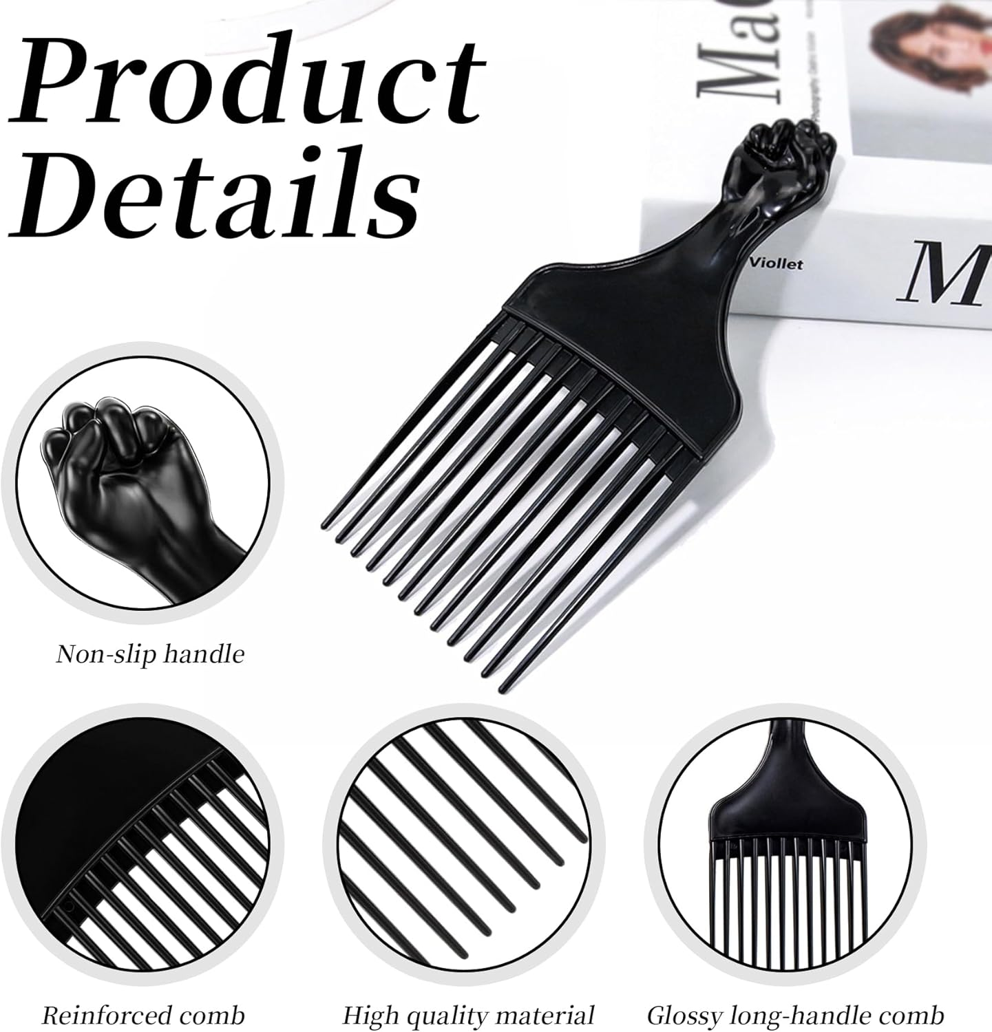 Neoreser Pack of 2 Afro Combs, Coarse Zinc Curling Comb with Handle, Salon Hairdresser Hair Care Tools for Natural Curls (Black)