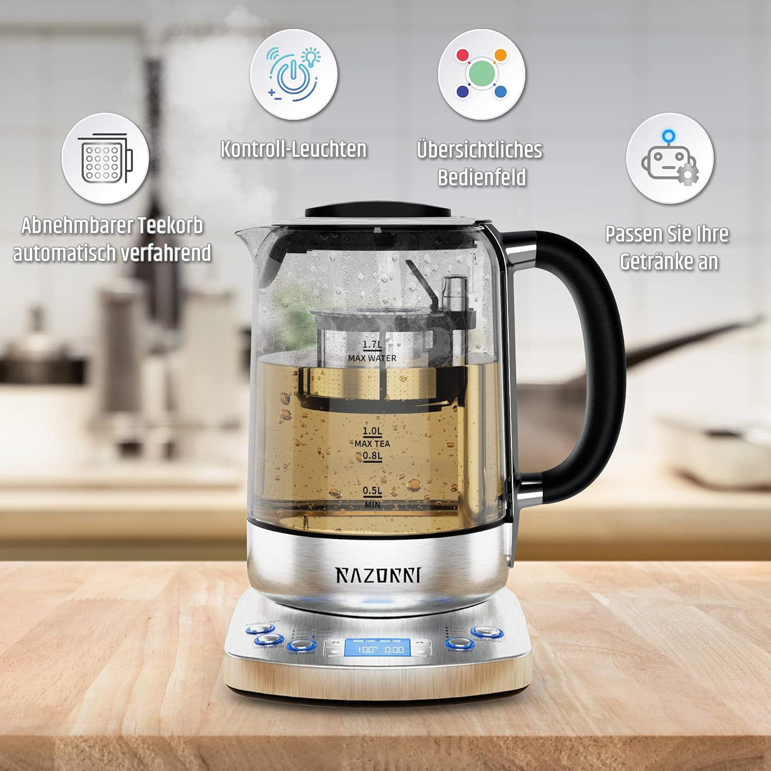 Razorri Electric Tea Maker - 1.7 L, Automatic Lifting Basket, BPA Free, 5 Types and 3 Brewing Strengths, Keep Warm up to 60 Minutes, Programmable Time, with Stainless Steel image number 6