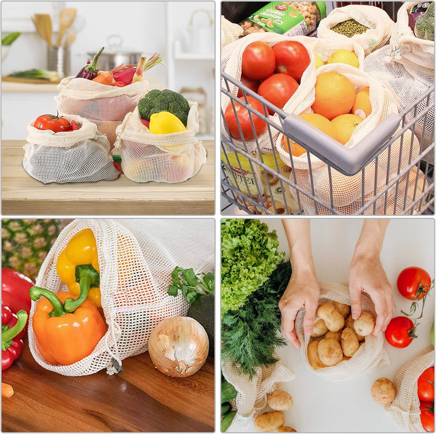 Reusable Cotton Mesh Produce Bags -Biodegradable Washable Eco-Friendly Premium See through Lightweight Net-Zero Bulk Bags for Veggie Fruit Vegetable Toys Grocery-Supermarket Shopping Storage Set of 9