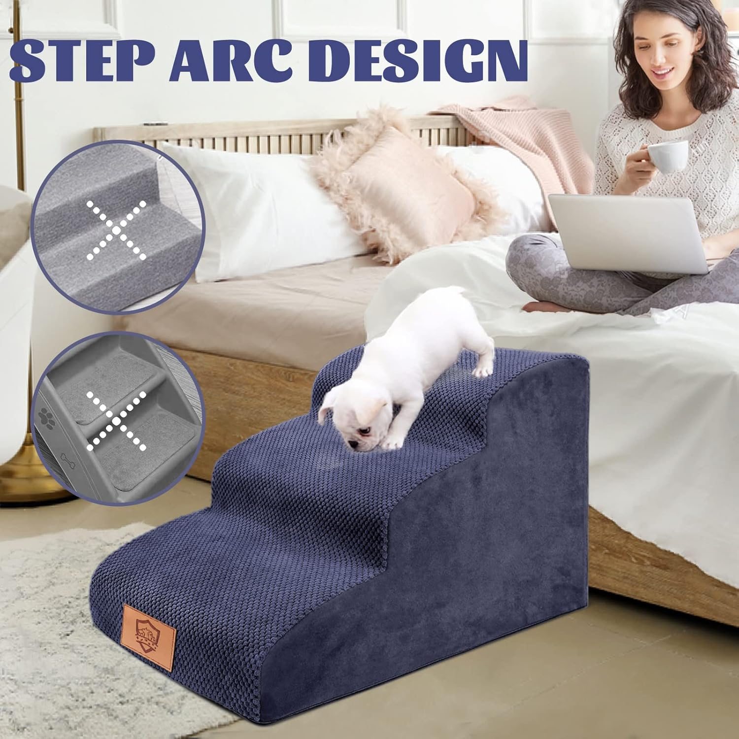 Kphico High Density Foam Pet Steps 3 Tiers, Non-Slip Stairs, Extra Wide Deep Ramp, Soft Ladder for Dogs and Cats - Best for Injured, Older Pets with Joint Pain - Includes Pet Hair Remover Roller image number 2