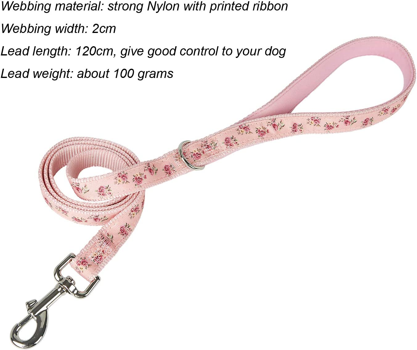 YUDOTE Floral Dog Collar and Lead Set Medium,Strong Pink Nylon Collar and Leash Combo for Active Female Dogs Daily Use,Floral Pink image number 5