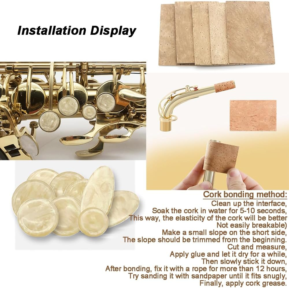 Neck Cork and Key Buttons Replacement Kit for Alto Saxophone. 9Pcs Saxophone Key Buttons Snap-Fastener Mica Sheets and 5Pcs Universal Saxophone Neck Cork Stoppers of Cork For image number 3