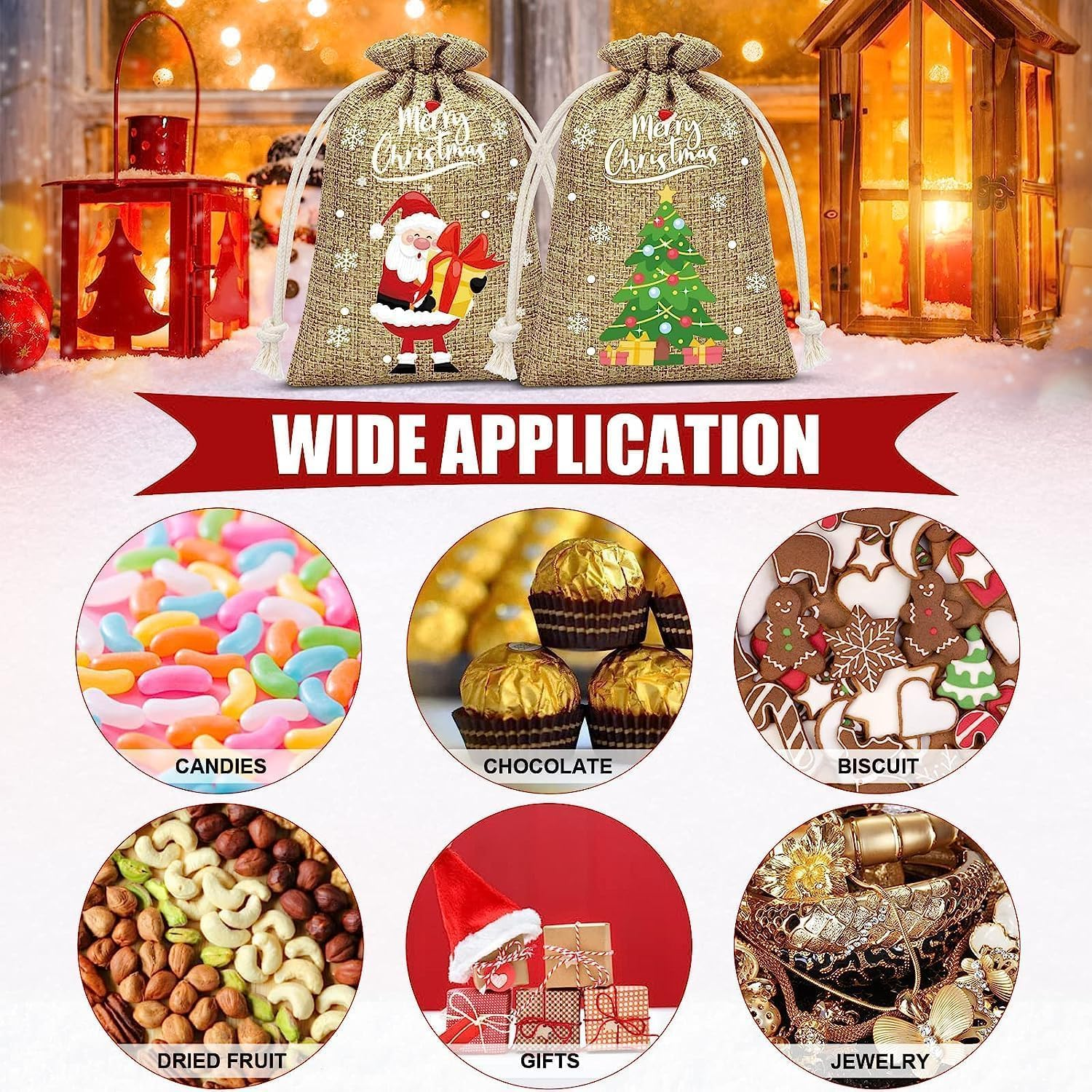 24 Pcs Christmas Linen Bags, with Drawstrings Christmas Burlap Gift Bags, Jute Xmas Candy Bags Linen Treat Sacks Reusable Gift Wrapping Bags Xmas Holiday Party Favors Bags image number 3