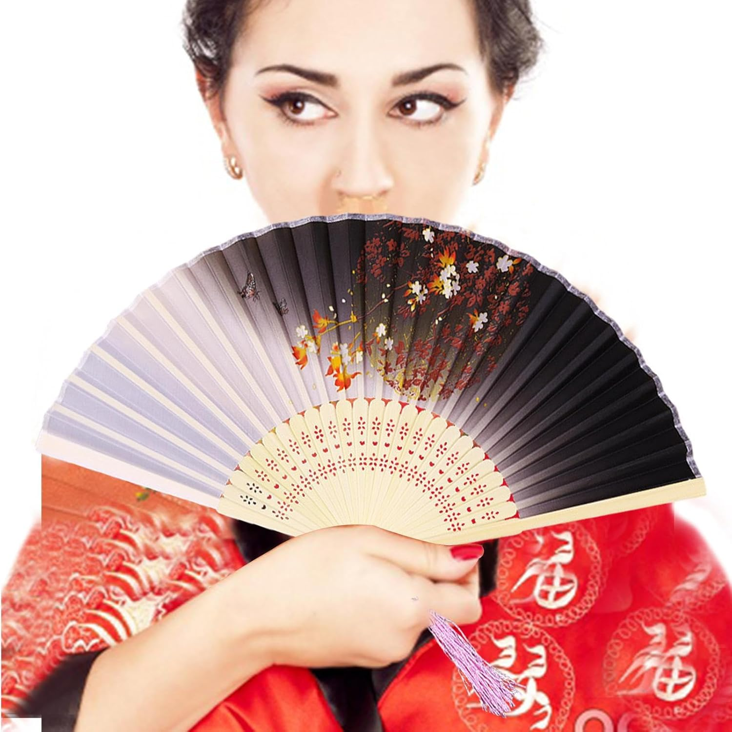 Small Folding Hand Fan - Japanese Silk Folding Fans | with Tassels Silk Bamboo Tassel Fan Antiquity Chinese Fan for Dance Bamboos Fan Manolyee