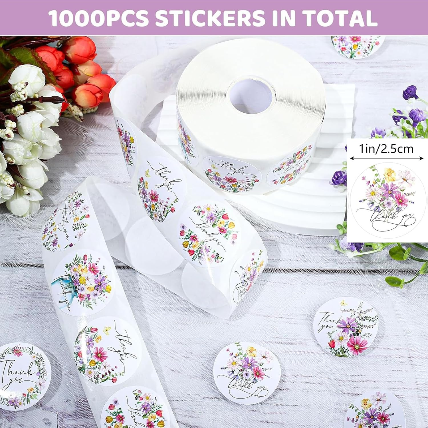 1000Pcs Thank You Stickers, Envelope Stickers Wildflower Spring Thanks Stickers 2.5 Cm/1 Inch Thank You Tags Seal Labels for Business Wedding Festival Baby Shower Birthday Party (2 Rolls) image number 3