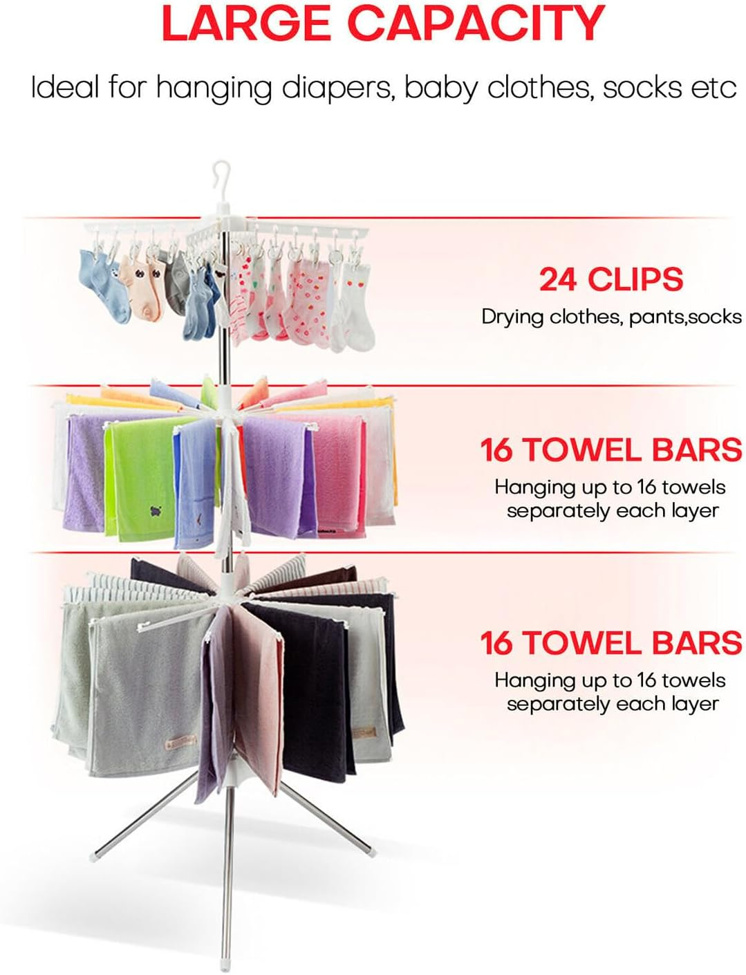 3-Tier Clothes Drying Rack, Folding Laundry Drying Rack, Indoor Outdoor Space Saving Stand Hanger with 24 Clips and 32 Towels Bars for Baby Clothes, Cloth Diapers, Socks, Bras, Towels, Underwear image number 5