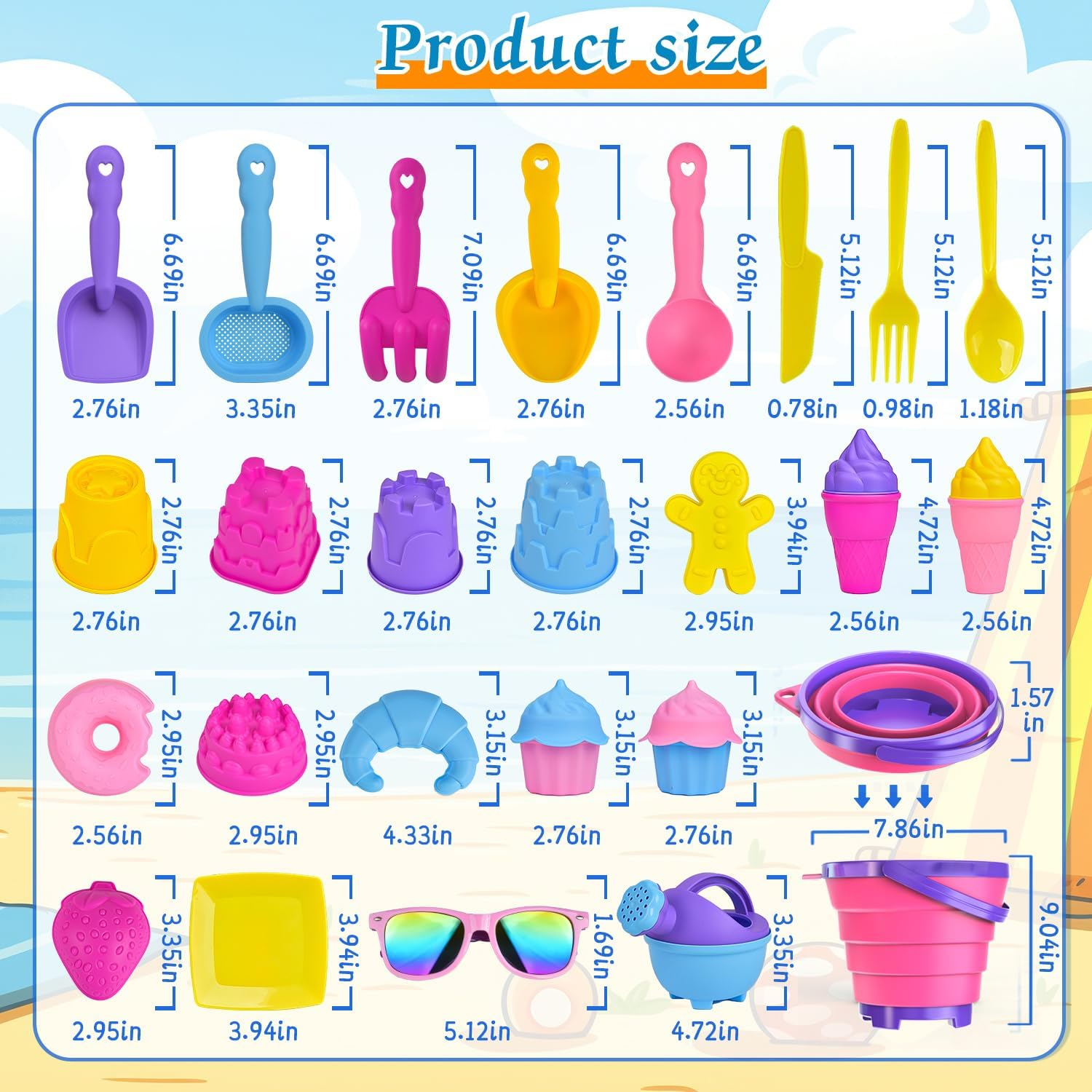 31PCS Beach Toys, Sandbox Toys with Collapsible Sand Bucket, Shovel Set, Ice Cream Cake Molds,Mesh Bag, Summer Water Poor Sea Outdoor Play Travel Toys for Kids Toddlers Boys Girls image number 2
