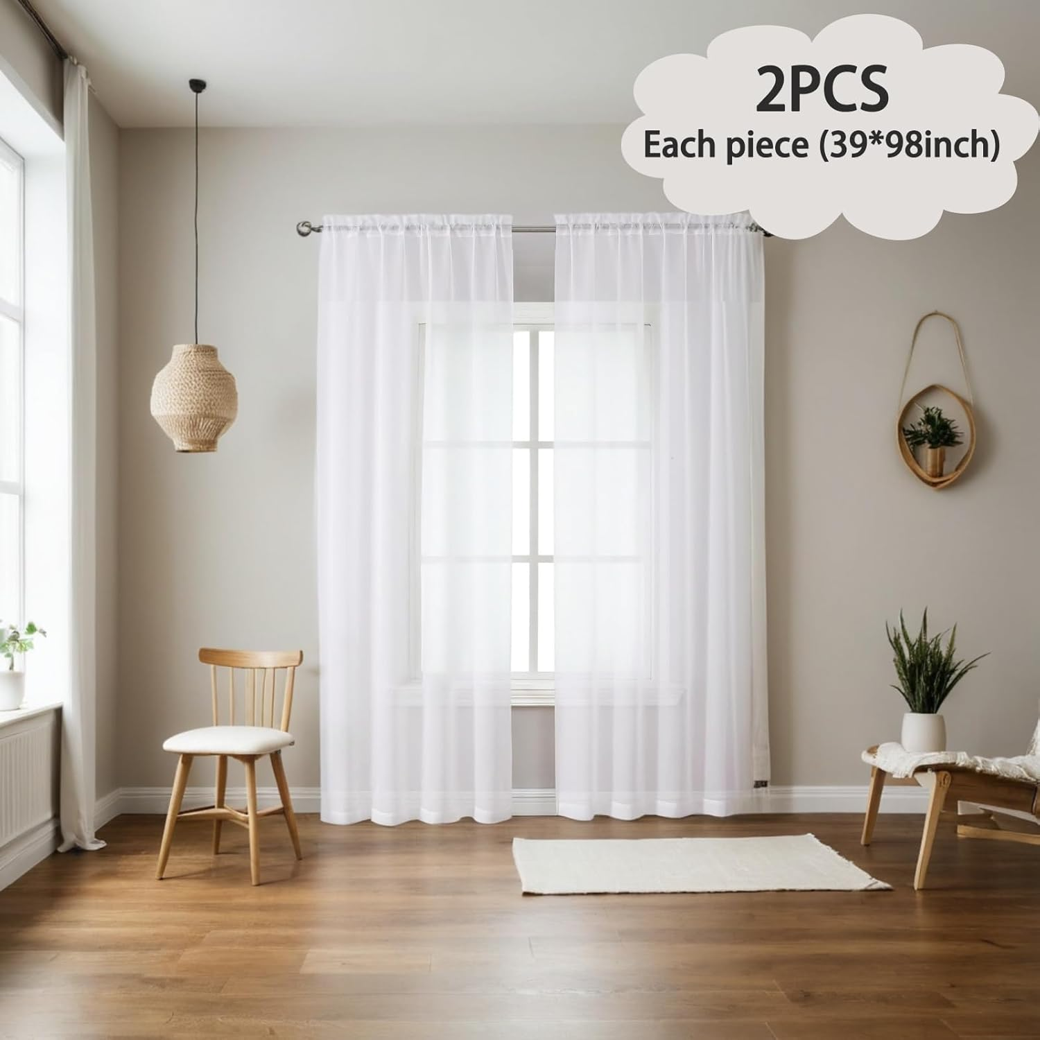 Sheer White Voile Curtains - 98" Long Rod Pocket Drapes for Living Room/Bedroom - 2 Panels Set - Soft Sheer Fabric - Light & Airy Ambiance - 39" W X 98" L Each image number 3