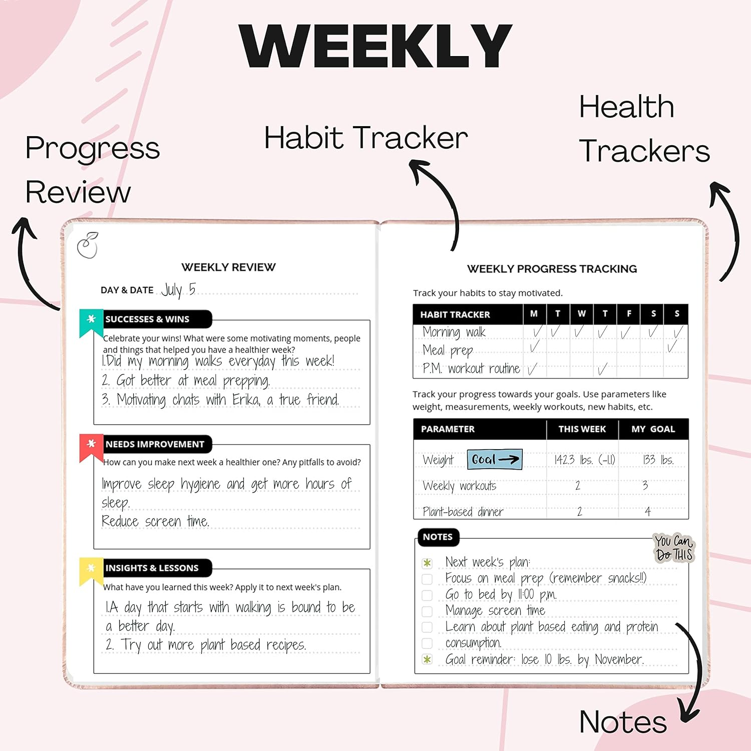 Life & Apples Rose Gold Wellness Planner - Food Journal, Fitness Diary, Gratitude & Meal Planner for Healthy Living & Self-Care - Track Weight Loss Diet & Health Goals - Undated, A5 Size image number 6