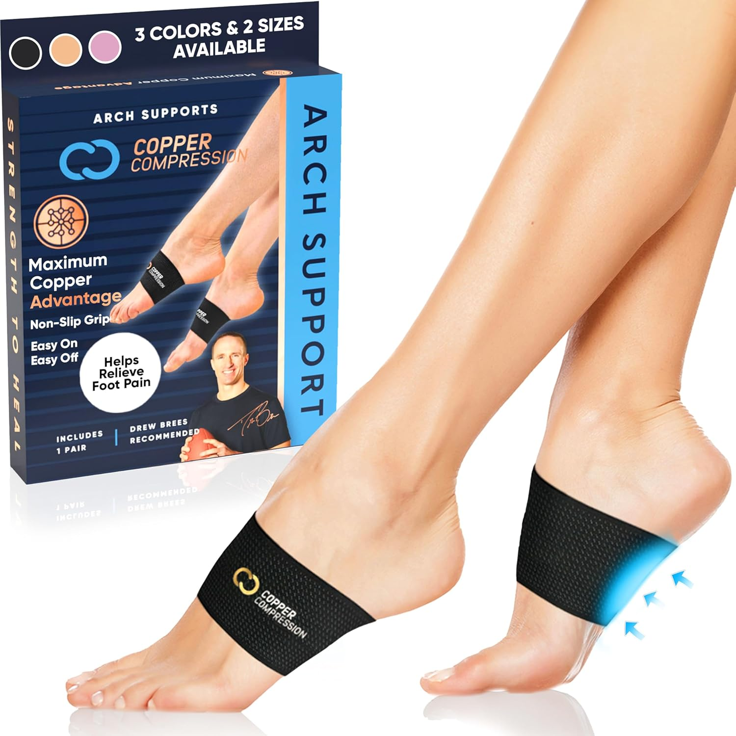 Copper Compression Copper Arch Support - 2 Plantar Fasciitis Braces/Sleeves. GUARANTEED Highest Copper Content. Foot Care, Heel Spurs, Feet Pain, Flat Arches (1 PAIR Black - One Size Fits All) image number 1