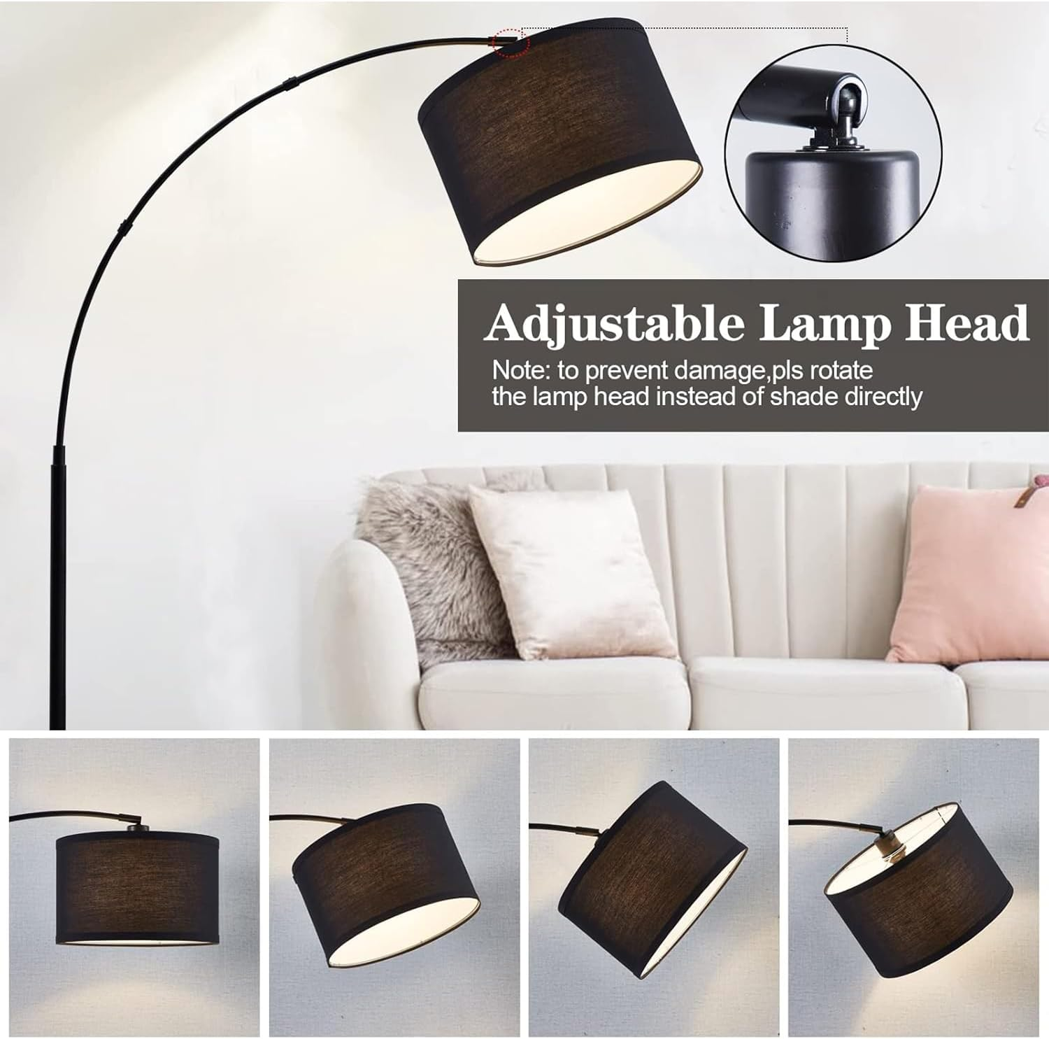 Modern Curved Floor Lamp with Remote Control, 3-Level Dimmable Standing Lamp, Adjustable Height, Marble Base, Warm Light, Floor Lamps for Living Room, Bedroom, Office &ndash; 12W 185Cm (White) image number 1