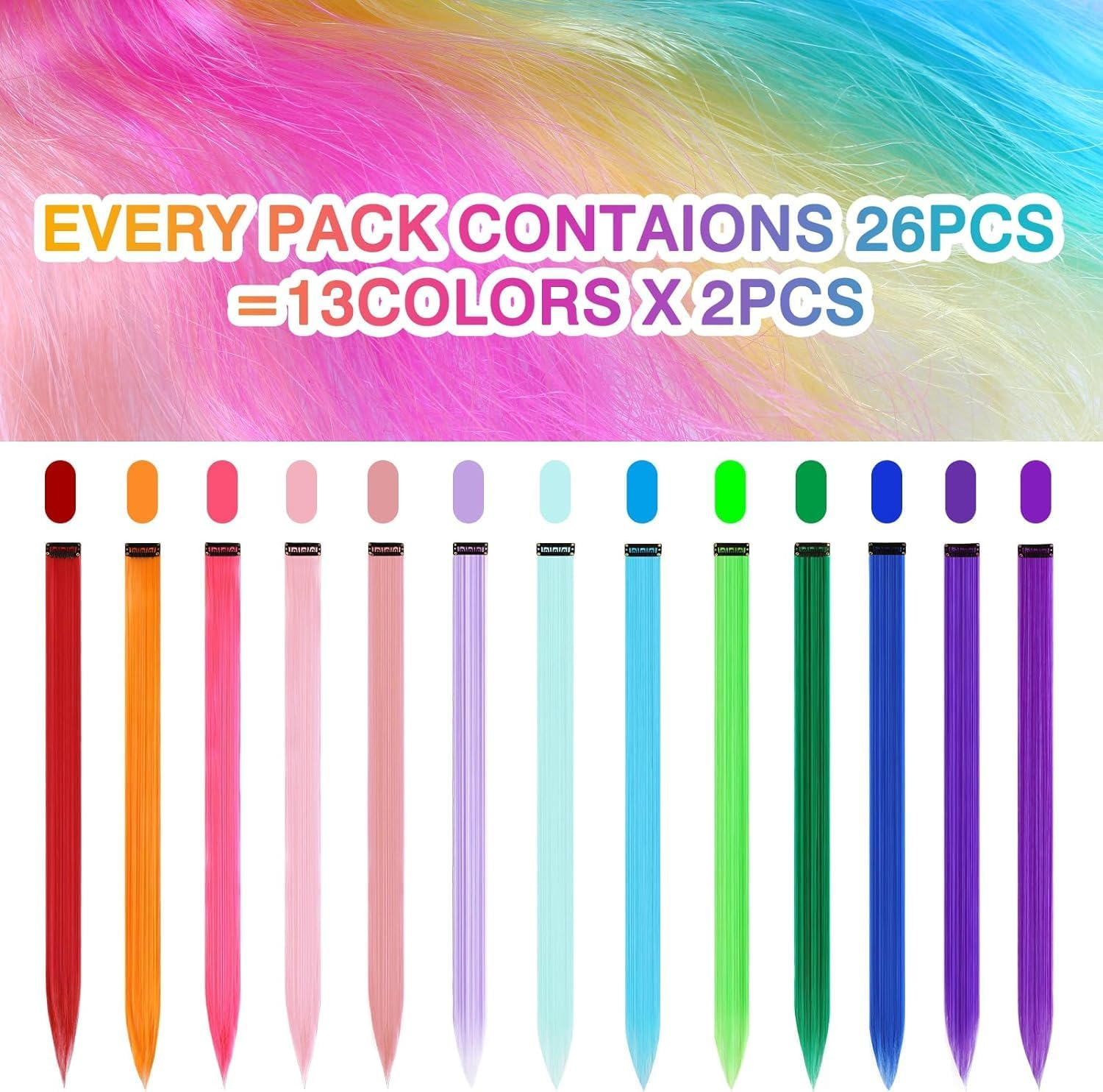 26Packs Colored Clip in Hair Extensions, POIUNA 20Inch Rainbow Straight Color Clip in Hair Extension for Kids Girls Party Highlights Synthetic Hairpiece for Girls (13 Colors) image number 4