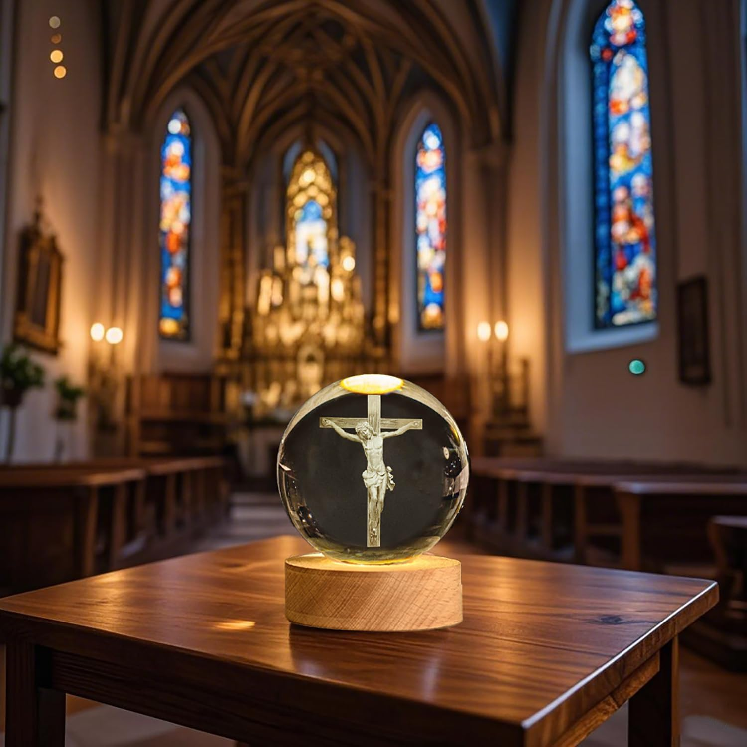 3D Crystal Ball Cross Night Light Desk Table Lamps, with Glowing Base, Laser Engraved Praying in Hand Crucifix Easter Decoration Christian Catholic Religious Gifts (Jesus Cross) - Biblical Cross image number 5