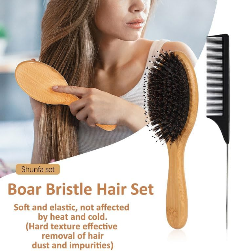 Boar Bristle Hair Brush Set, Natural Massage Hair Brush, Wooden Paddle Hairbrush, Slick Backbrush for Long and Curly Hair Thick, Hairbrush Detangling Smoothing All Hair Types