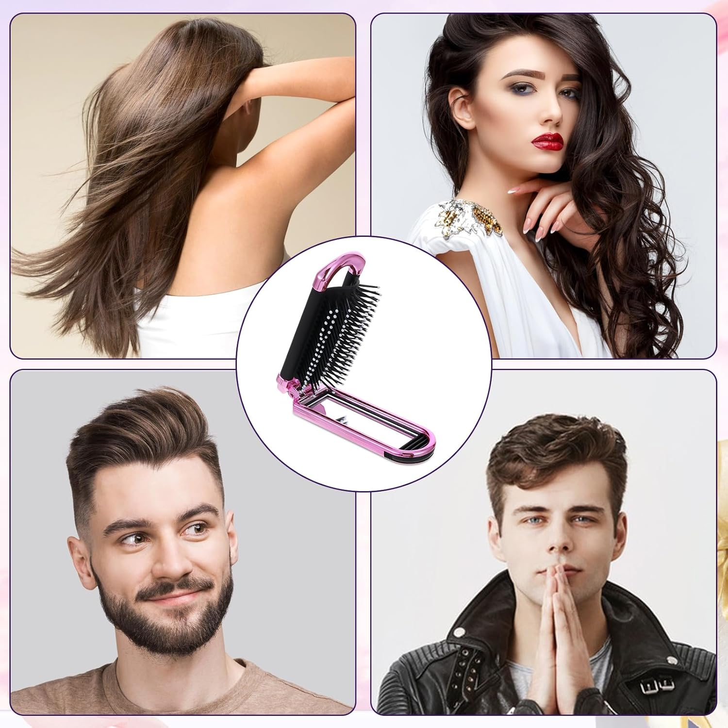 Mozeat Lens Mini Travel Hair Brush, Small Foldable Hair Brush, Compact Hair Brush with Mirror Nylon Bristles for Women and Men, Portable Pocket Comb for Car, Sports Bag, Handbag (Electroplating Pink)