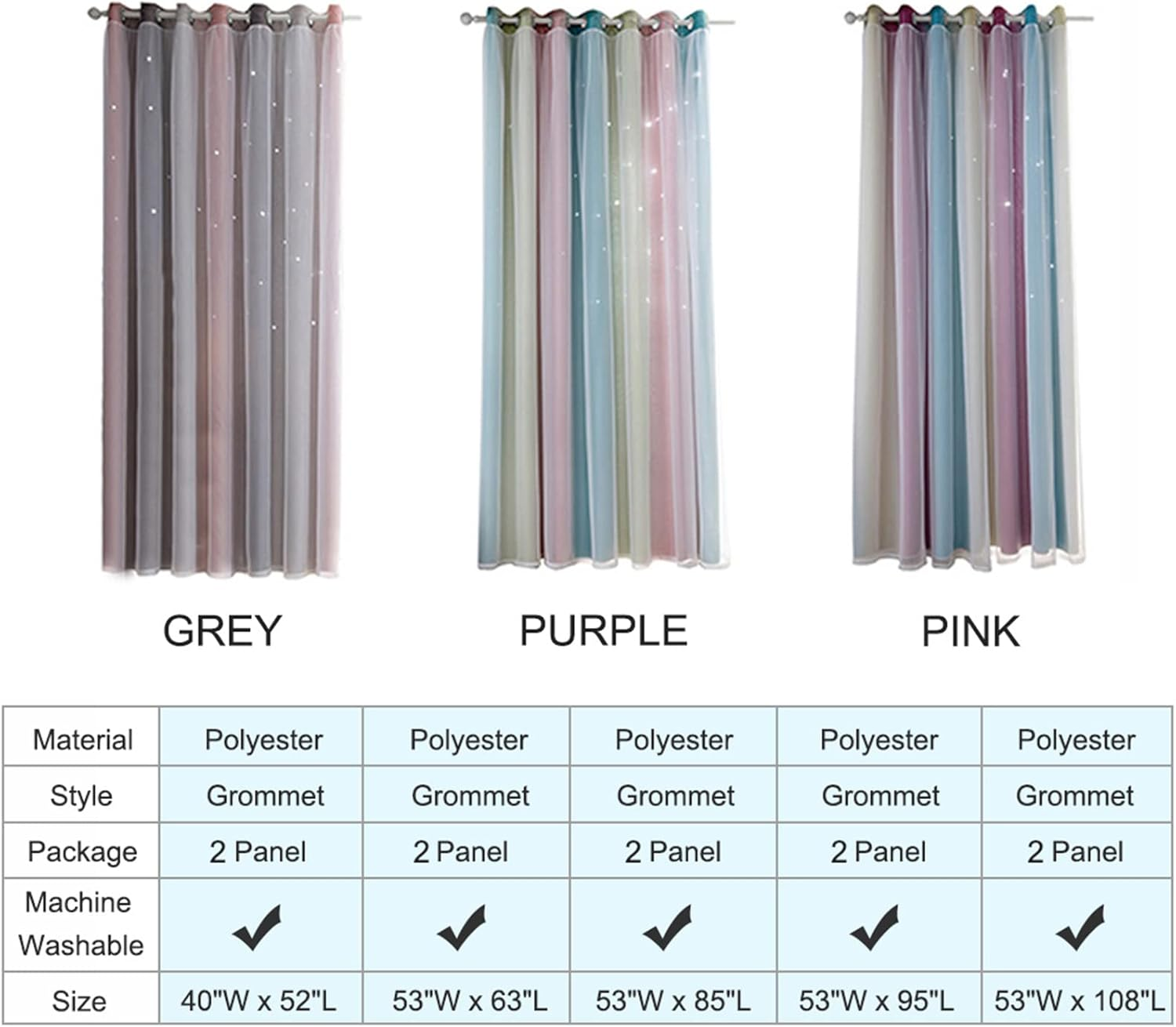 Blackout Curtains for Bedroom, 2PCS Star Curtains Blackout High Precision Curtains for Kids Girls Bedroom Living Room Colorful Double Layer Star Window Curtains Pink134Cm X 160Cm