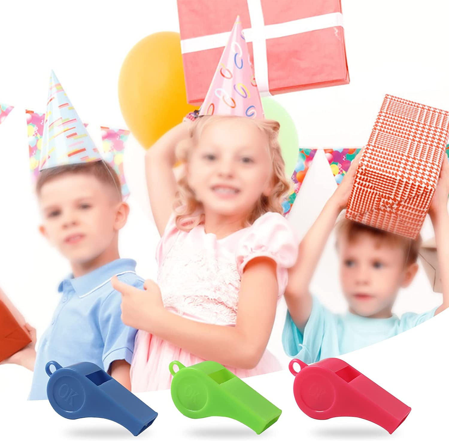 48 Pcs Neon Plastic Whistles with Lanyards Colorful Fun Noise Making Whistles for Party Sports,Party Favors,5 Colors image number 4