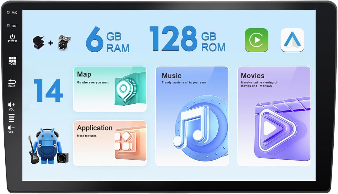 MISONDA 10Inch IPS Touch Screen 6GB+128GB Car Stereo Radio Player Head Unit GPS Naviagtion Android 14 with Wireless Carplay Android Auto DSP SWC Bluetooth5.0 FM AM Camera Mic