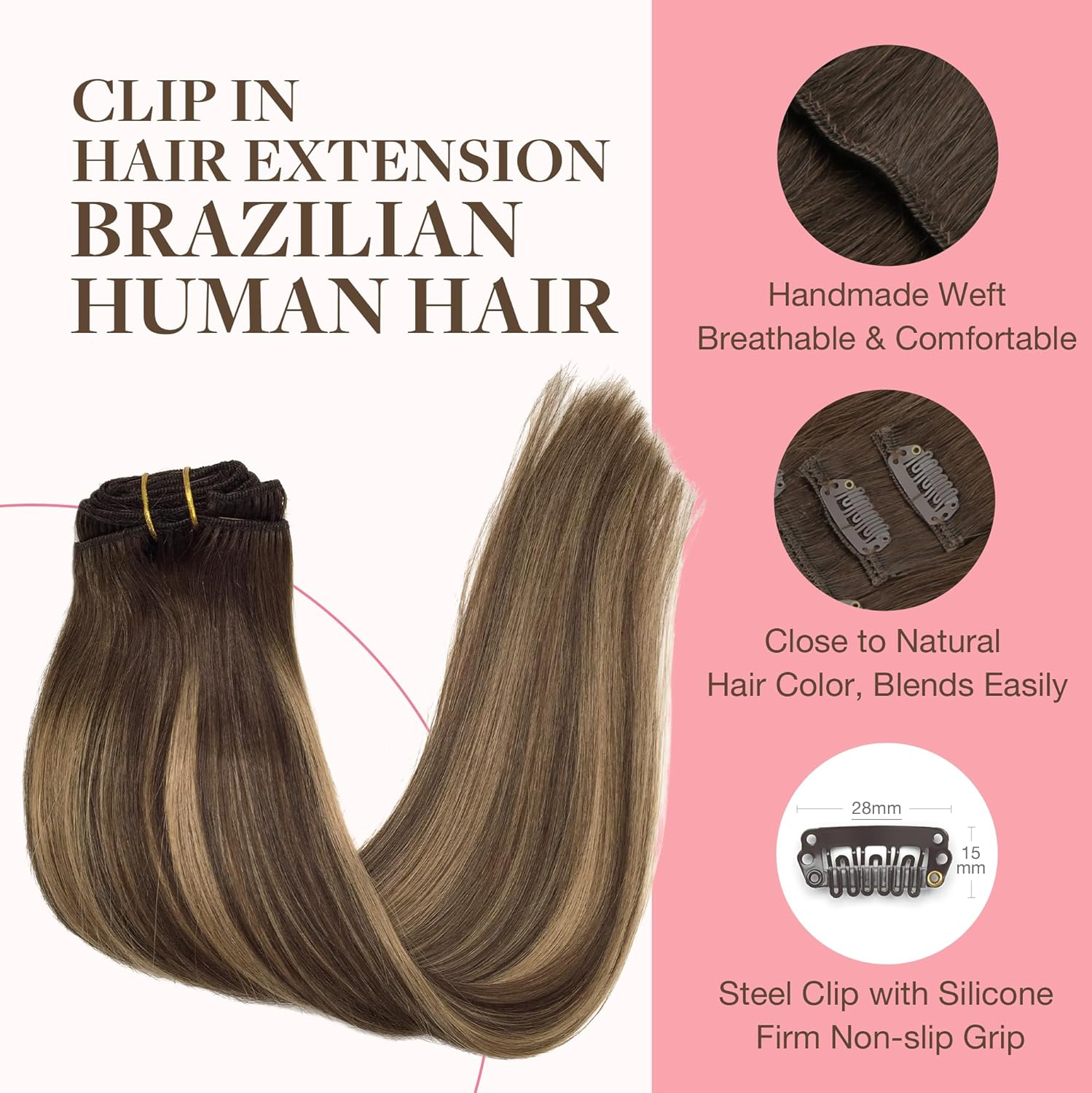 GOO GOO Clip in Hair Extensions Real Human Hair, Hair Extensions Clip for Women, Natural Human Hair, 16Inch 120G 7Pcs, 4/27/4 Balayage Chocolate Brown to Caramel Blonde image number 5