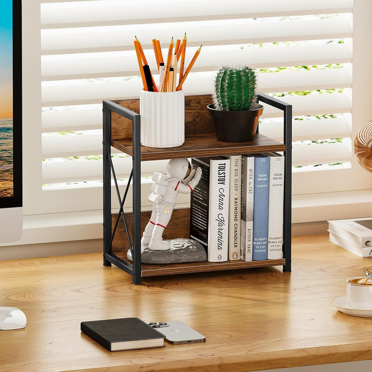 2-Tier Kitchen Counter Organiser, Wooden Spice Rack Shelf, Brown image number 3