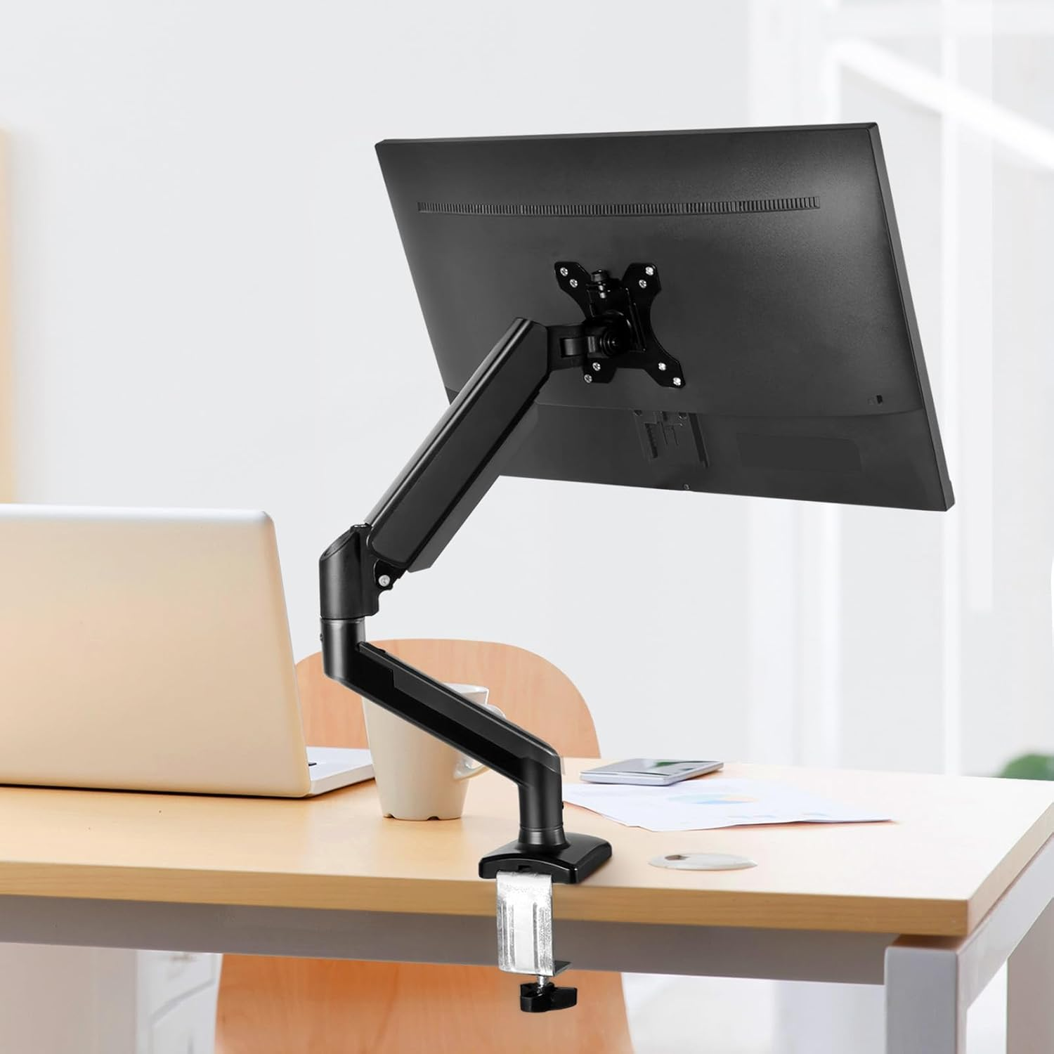 Single Monitor Stand Monitor Arm Desk Mount Height Adjustable, C Stand Fits Screens 13 to 32 Inches, Holds 10Kg, 360 Rotation Swivel, Premium Gas Spring, Universal VESA 75X75Mm or 100X100Mm image number 2