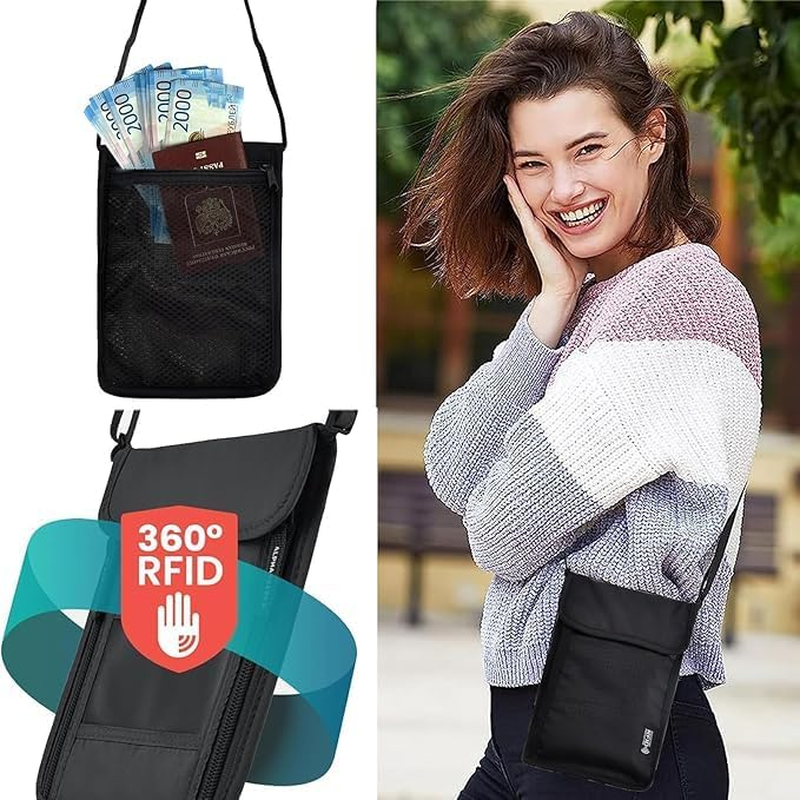 Neck Wallet Travel Neck Pouch, Passport Holder Travel Wallet RFID Blocking Passport Bag Men Women Children, Waterproof Travel Document Wallet Organiser, Adjustable Phone Bag for Card Key-Black