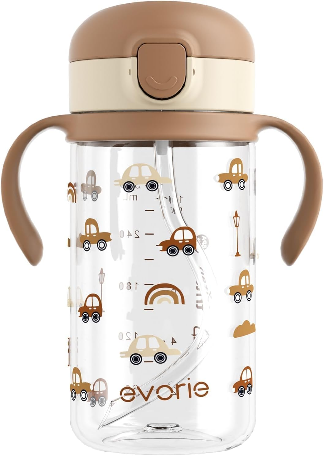 Evorie Tritan Spill Proof Toddler Straw Sippy Cup, 10 Oz for Baby and Toddlers 1-3 Years Old, No Spill Straw Water Bottle with Removable Handles, Ideal for School, Bpa-Free, Choco Car (New) image number 6