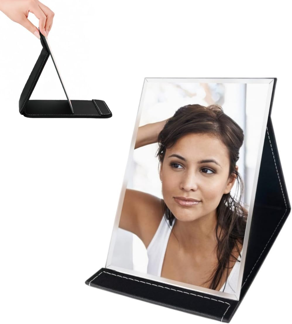 Hpessoterr Makeup Mirror, Portable PU Folding Vanity Mirror with Standing,With Bracket,For Vanity Table, Office, Travel (Black) image number 6